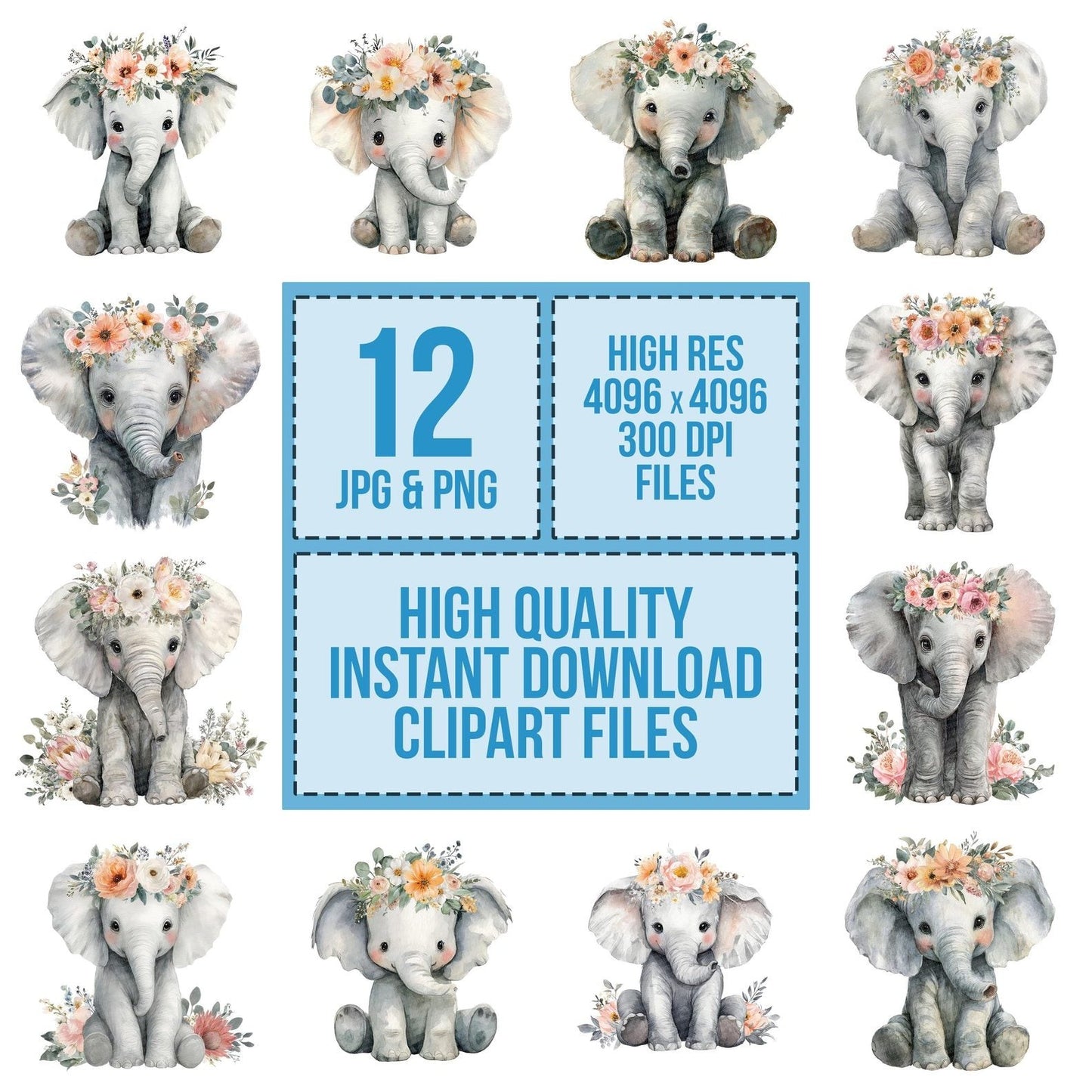 Watercolour Baby Elephant Clipart Set (DDD006971)