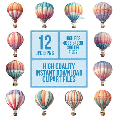Watercolour Balloon Basket clipart set cover showing the designs and file details