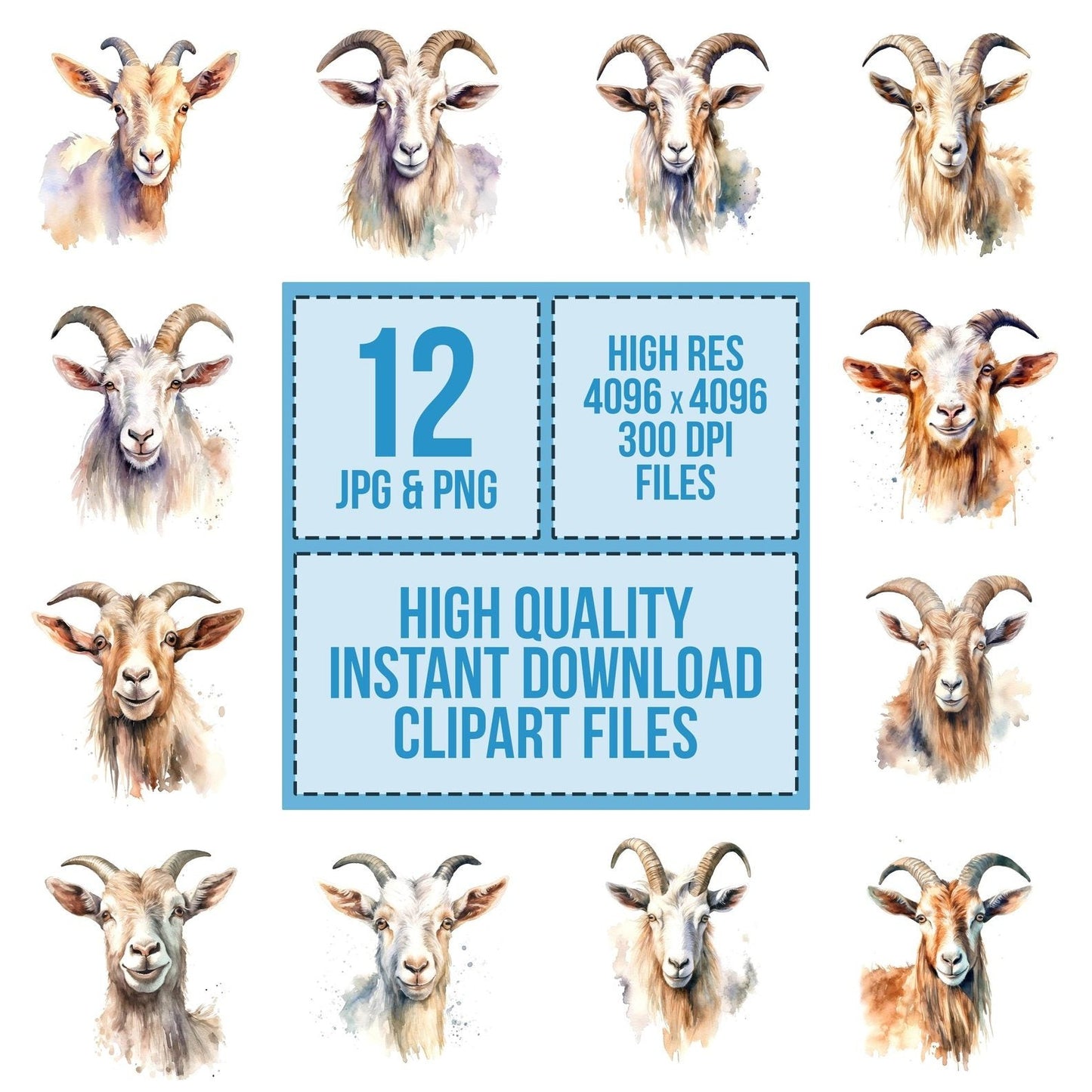 Watercolour Billy Goat Portrait Clipart Set (DDD006982)