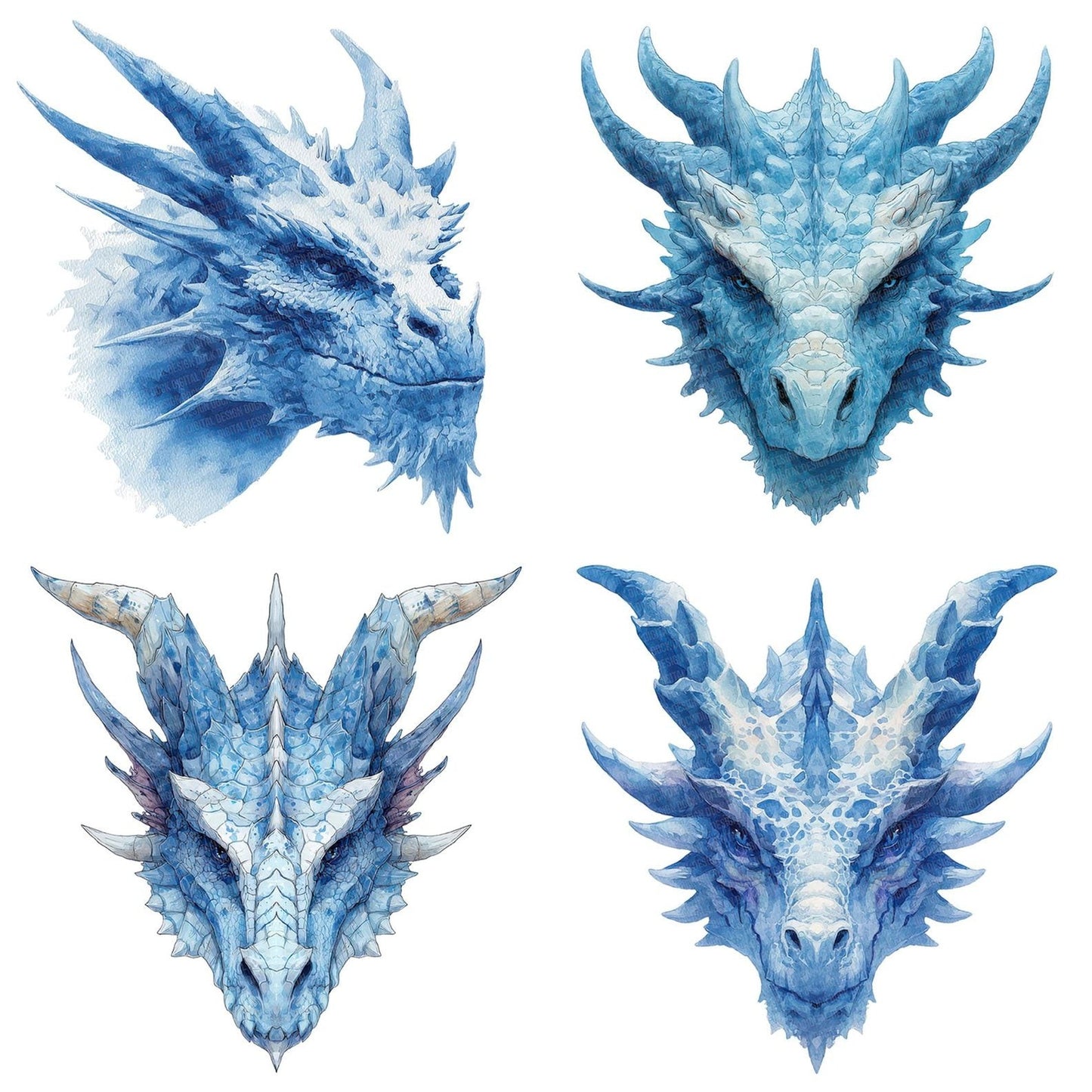 Watercolour Blue Dragon Head Clipart Set (DDD006985)