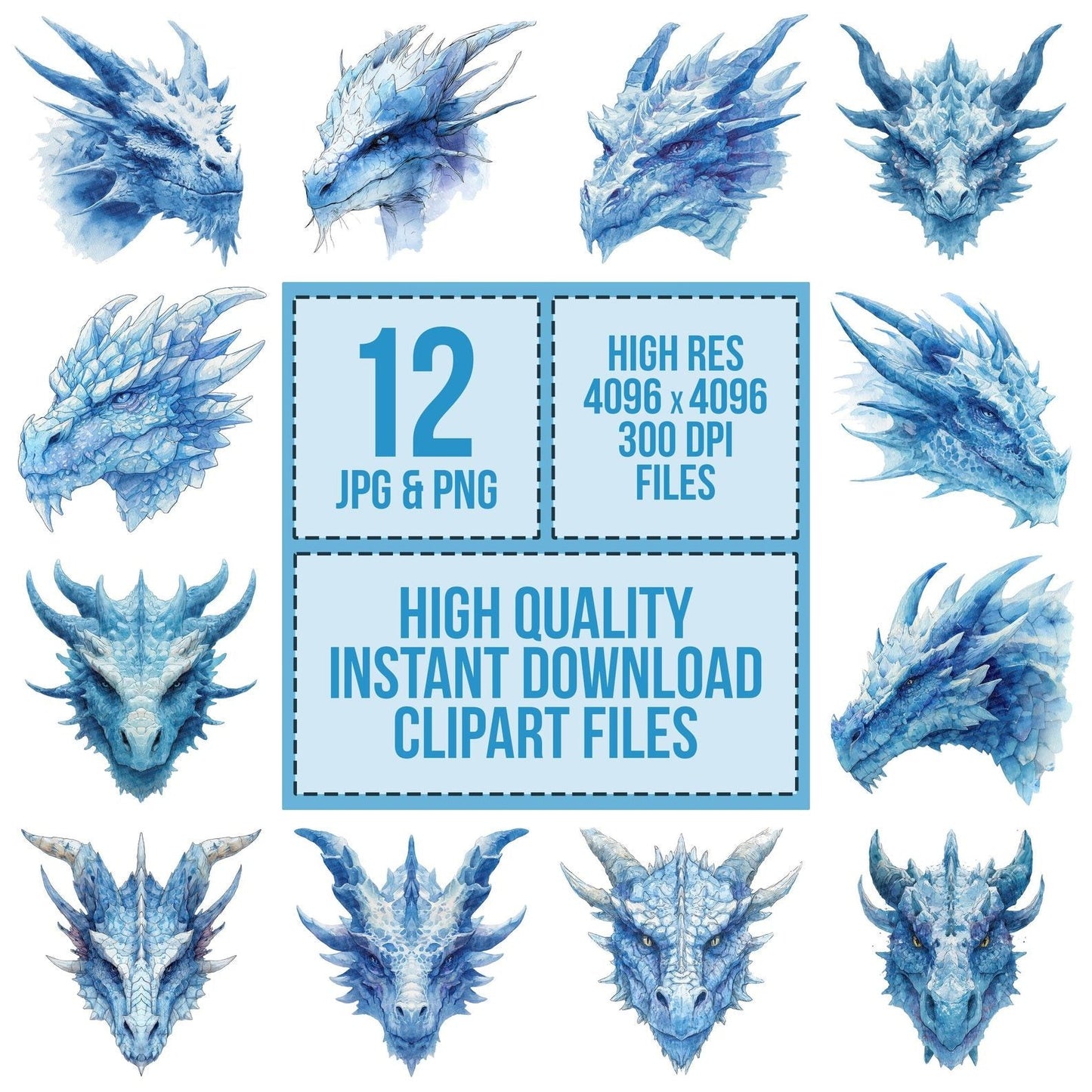 Watercolour Blue Dragon Head Clipart Set (DDD006985)