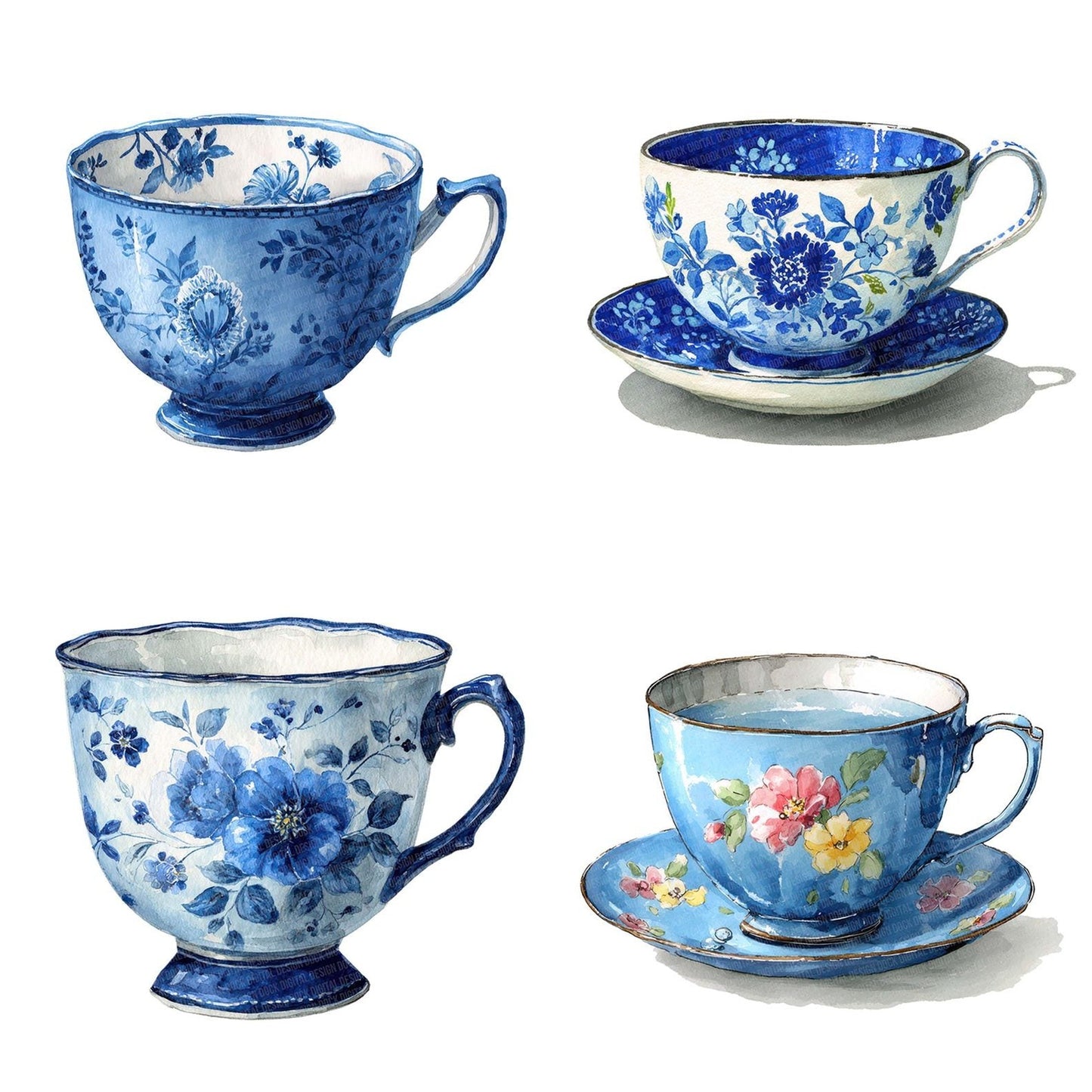 Watercolour Blue Floral Teacup Clipart Set (DDD006986)
