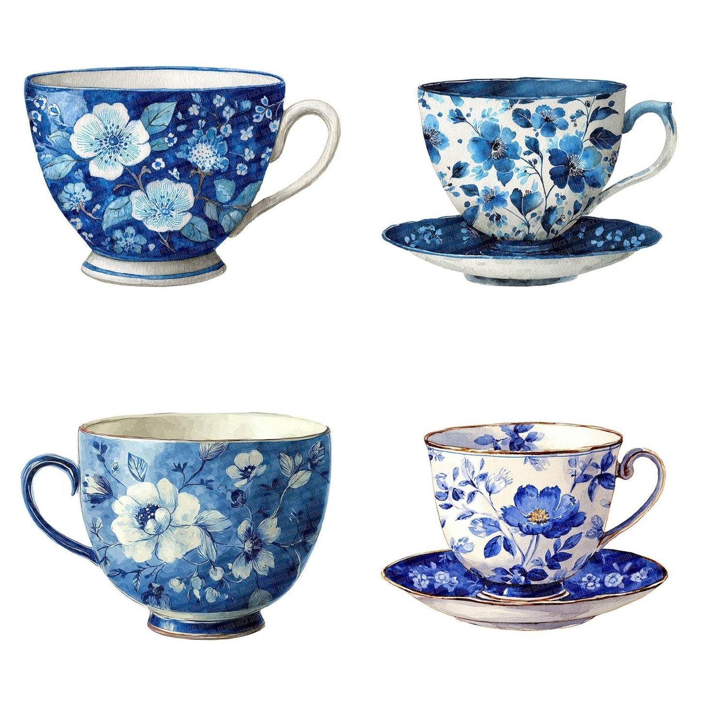 Watercolour Blue Floral Teacup Clipart Set (DDD006986)