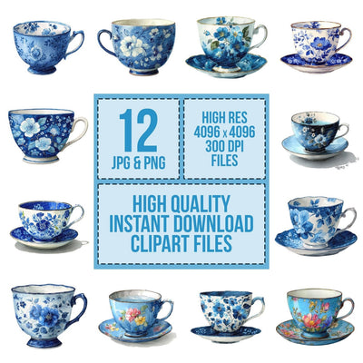 Watercolour Blue Floral Teacup Clipart Set (DDD006986)