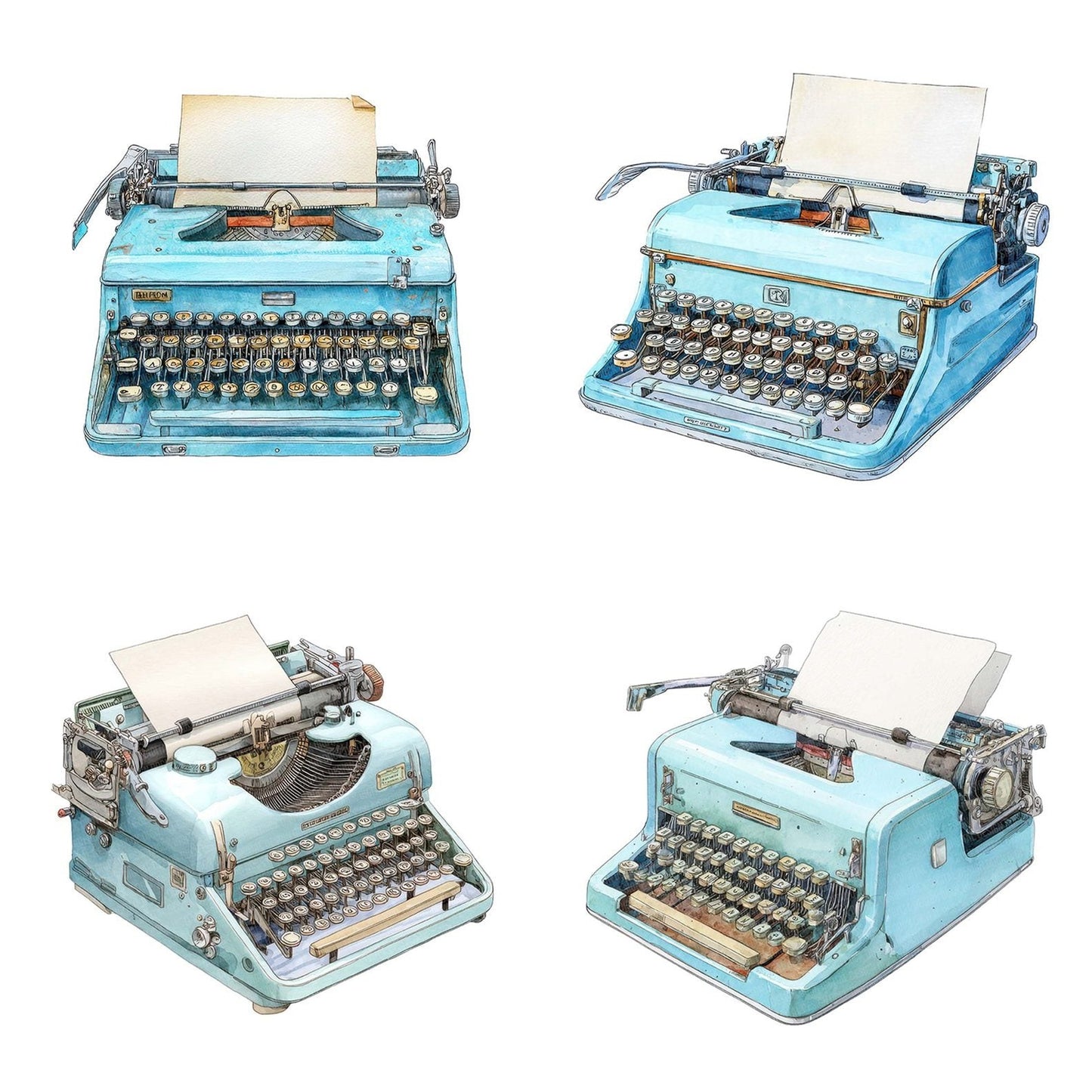 Watercolour Blue Typewriter Clipart Set (DDD006988)