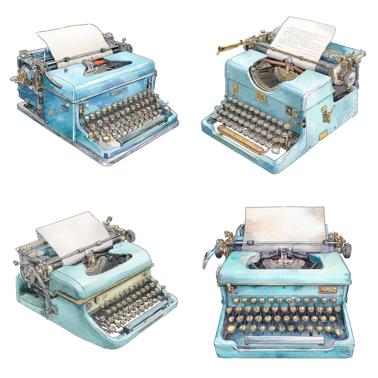 Watercolour Blue Typewriter Clipart Set (DDD006988)