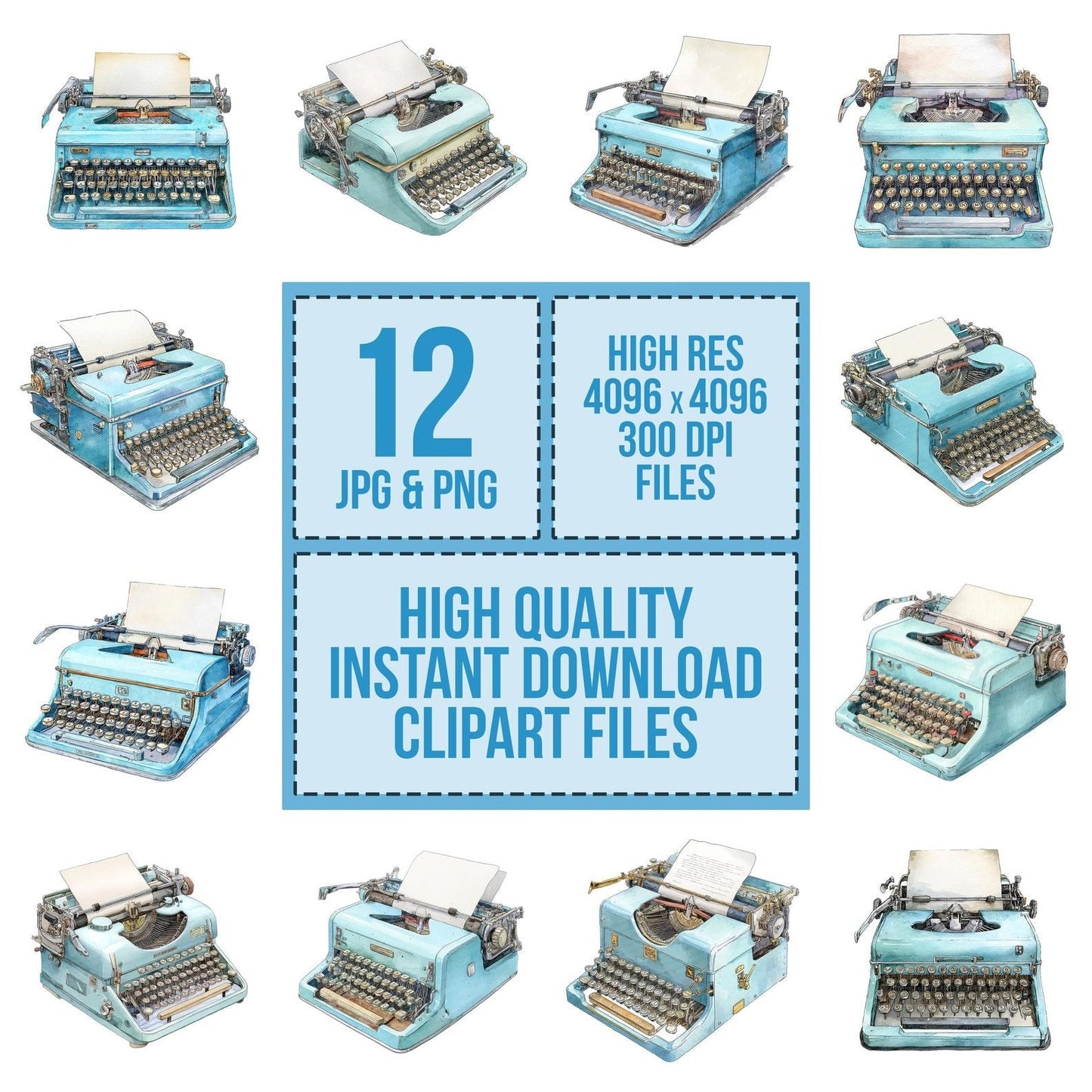Watercolour Blue Typewriter Clipart Set (DDD006988)
