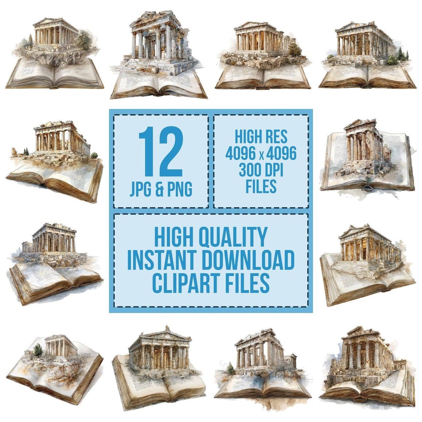 Watercolour Book Greek Temple Clipart Set (DDD006991)