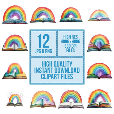 Watercolour Book with Rainbow clipart set cover showing the designs and file details