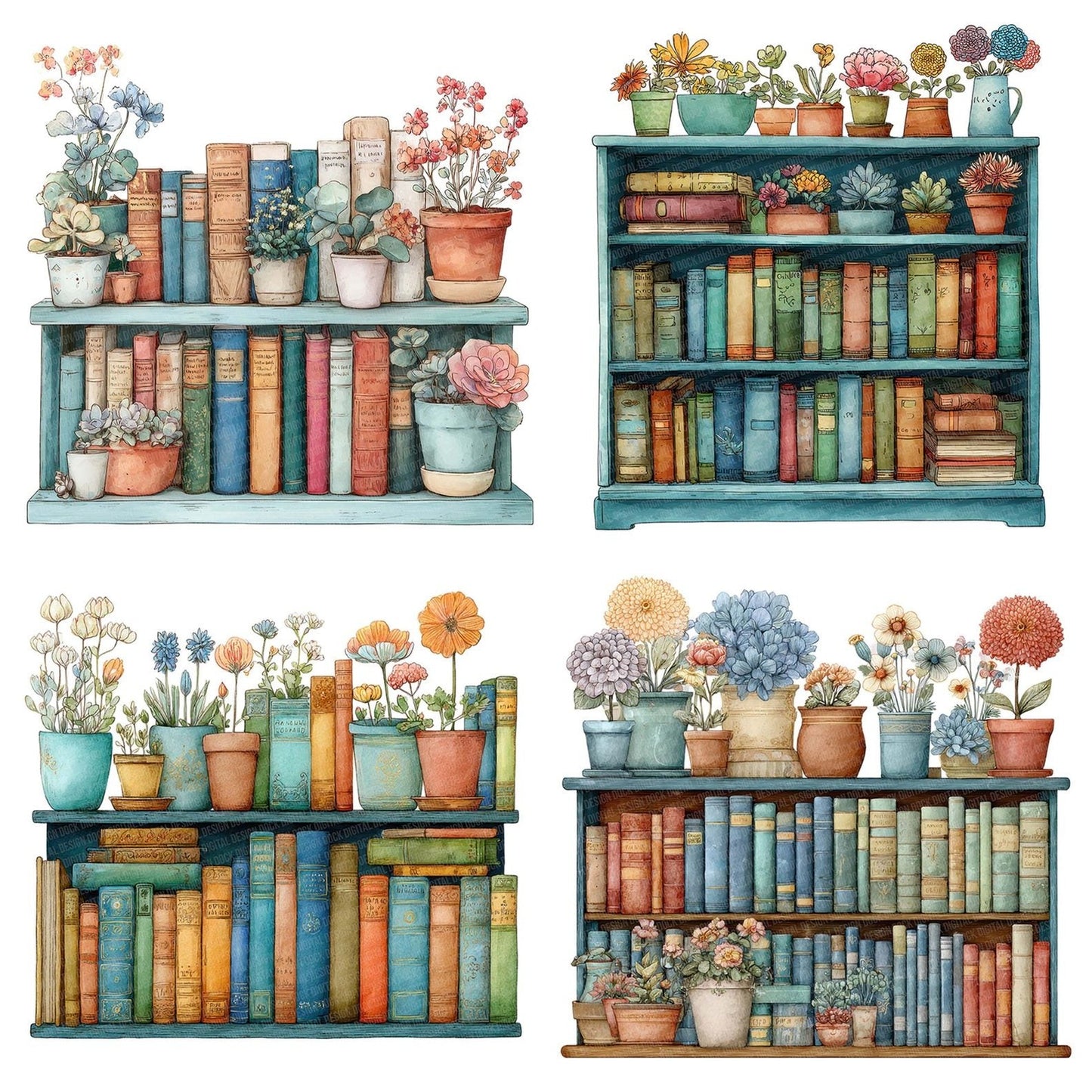 Watercolour Bookshelf with Flowers Clipart Set (DDD007013)