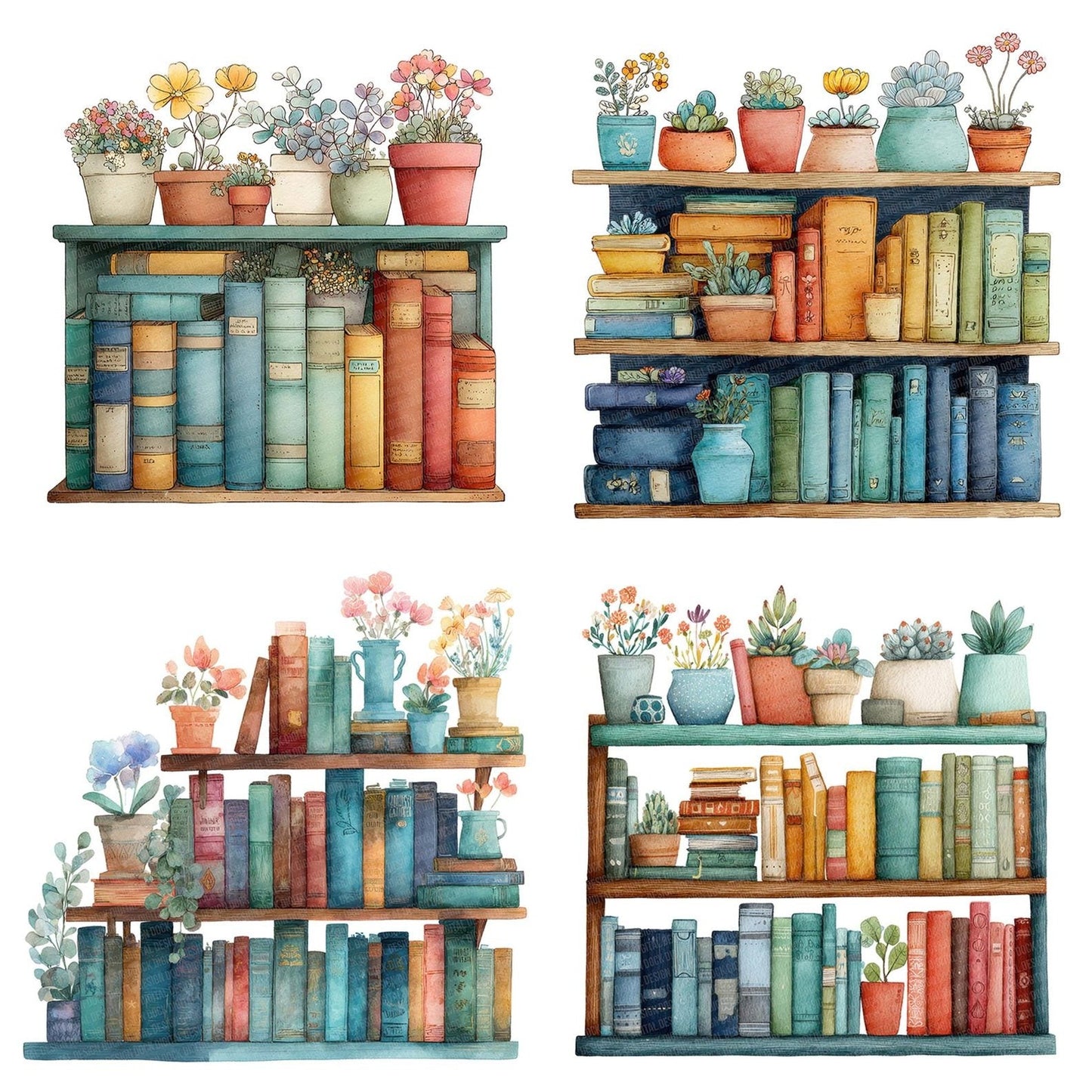 Watercolour Bookshelf with Flowers Clipart Set (DDD007013)