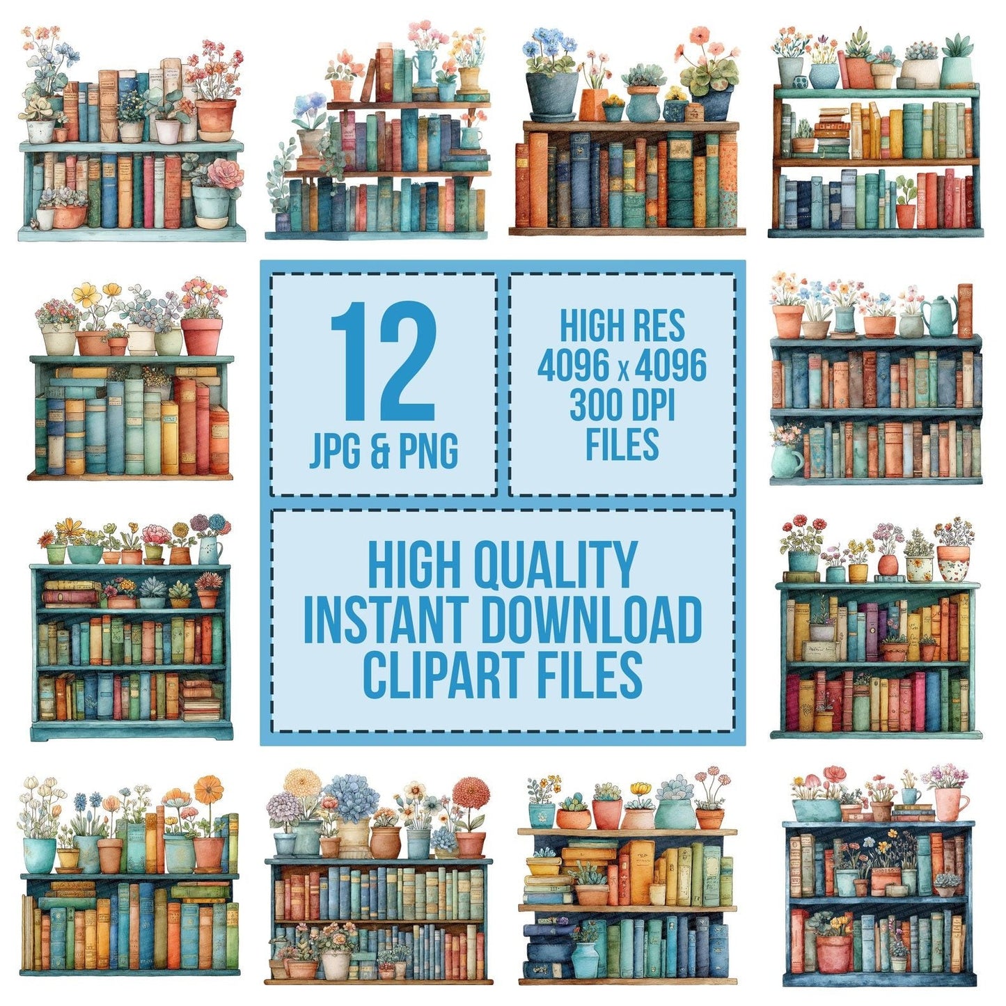 Watercolour Bookshelf with Flowers Clipart Set (DDD007013)