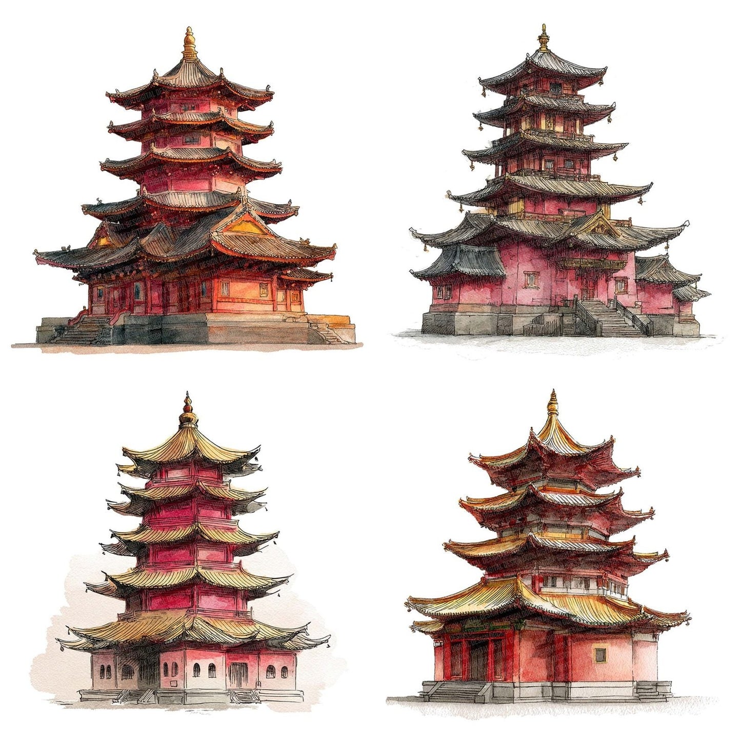 Watercolour Buddhist Pagoda Clipart Set (DDD007014)