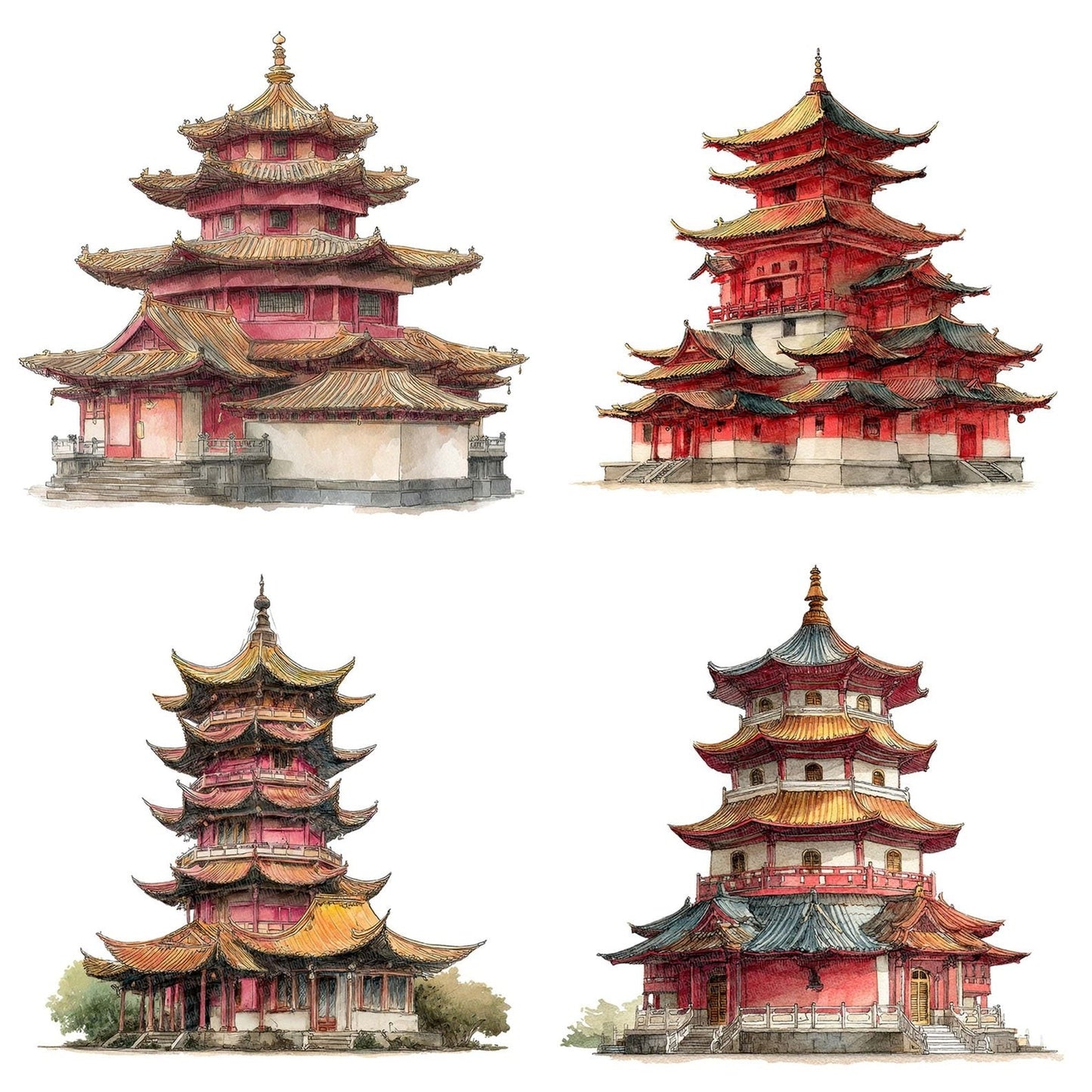 Watercolour Buddhist Pagoda Clipart Set (DDD007014)