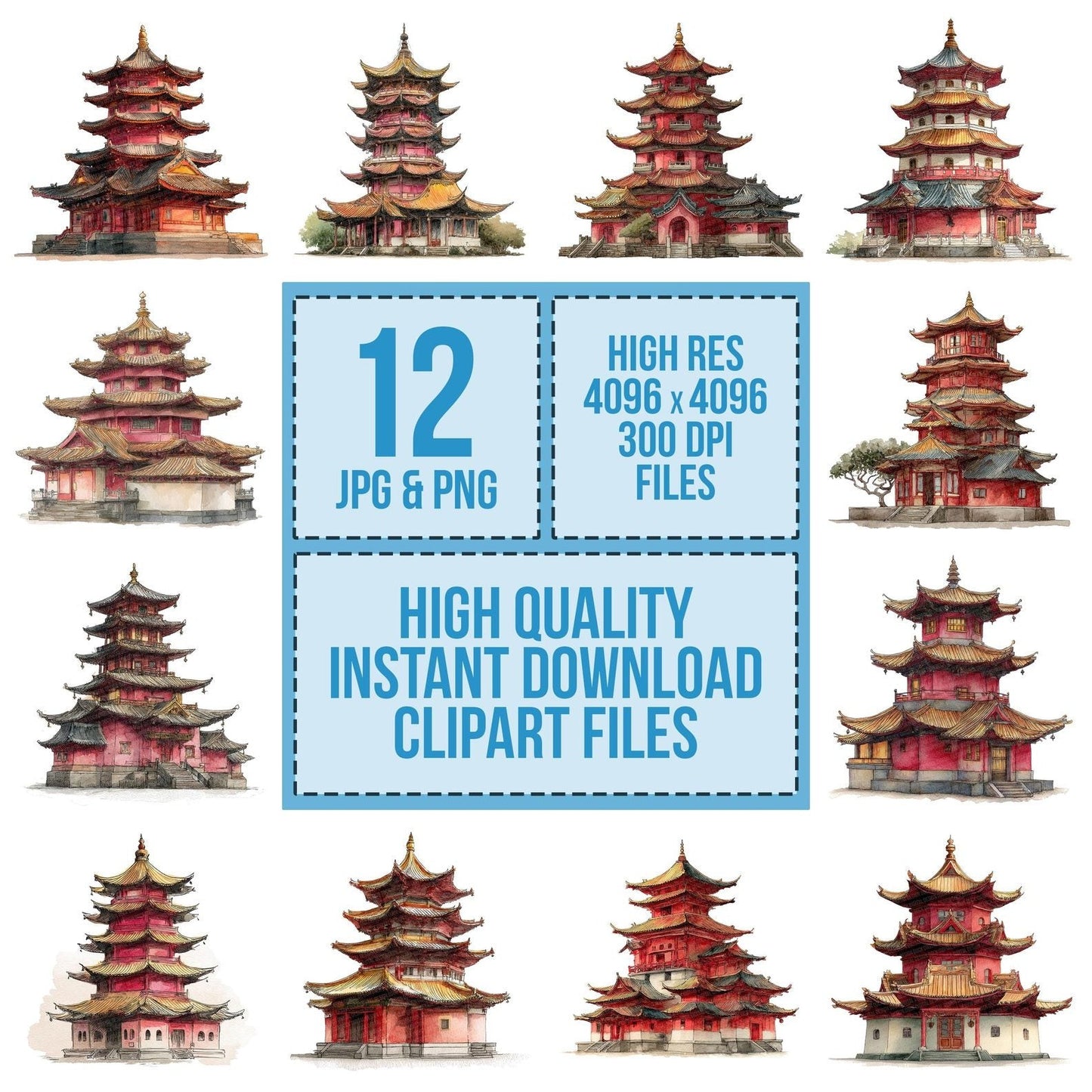 Watercolour Buddhist Pagoda Clipart Set (DDD007014)
