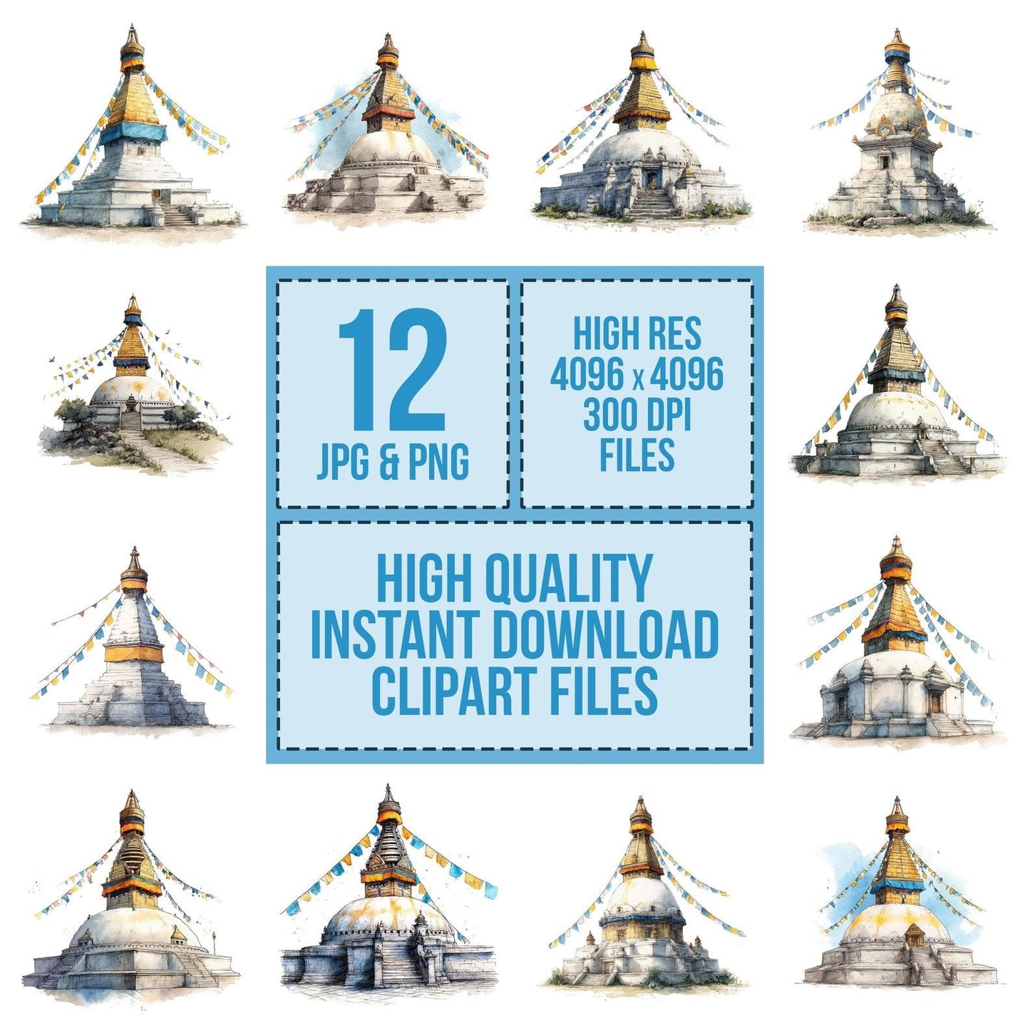 Watercolour Buddhist Stupa Clipart Set (DDD007015)