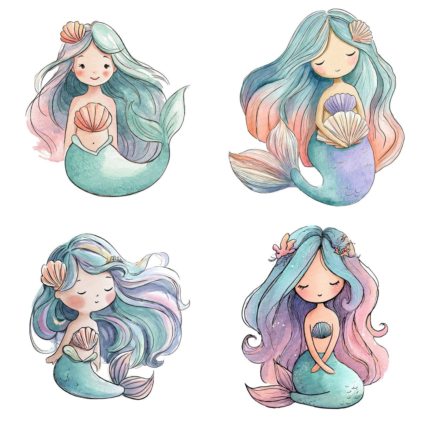Watercolour Cartoon Mermaid Clipart Set (DDD007027)