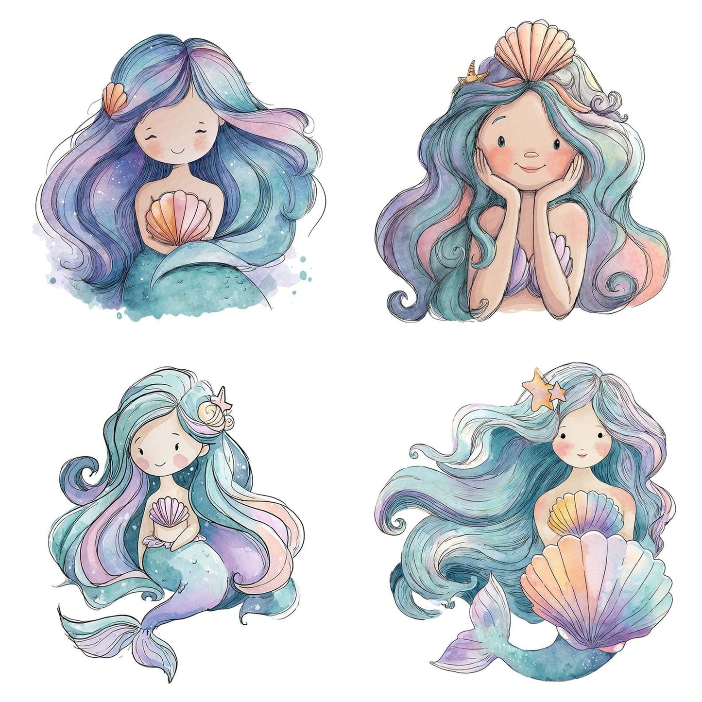 Watercolour Cartoon Mermaid Clipart Set (DDD007027)