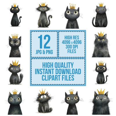 Watercolour Cat Crown clipart set cover showing the designs and file details