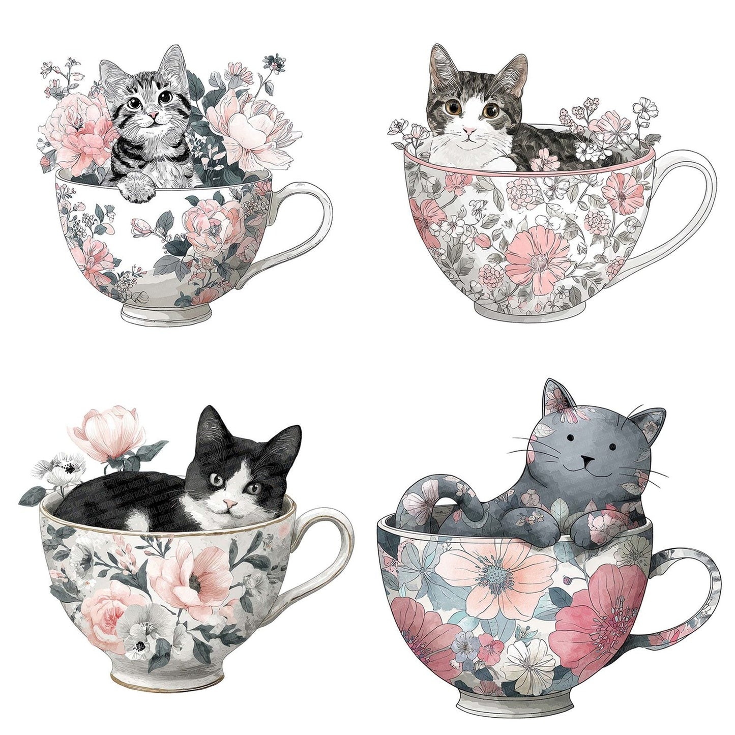 Watercolour Cat Teacup Clipart Set (DDD007031)