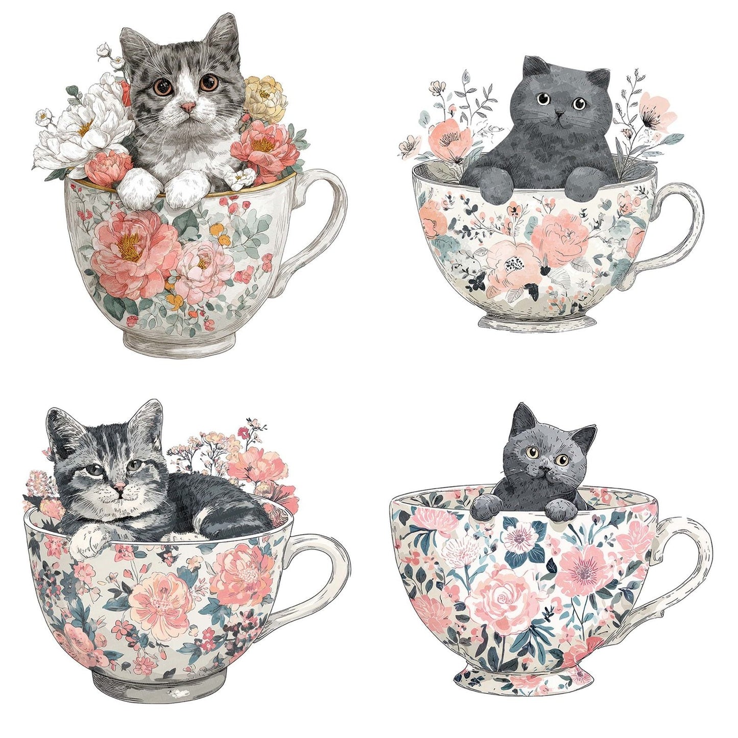 Watercolour Cat Teacup Clipart Set (DDD007031)