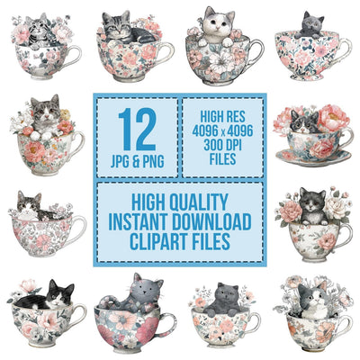 Watercolour Cat Teacup Clipart Set (DDD007031)
