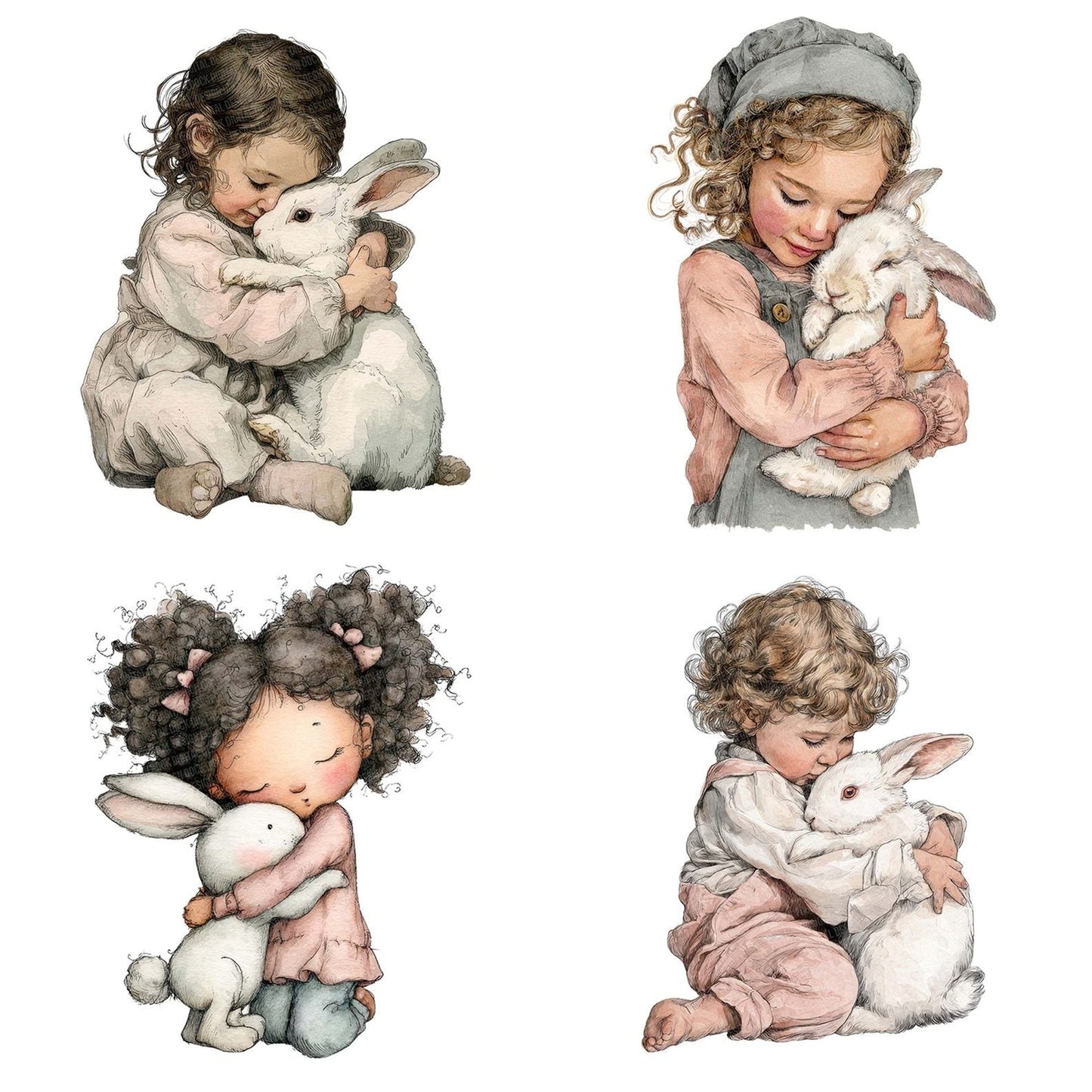 Watercolour Child Hugging Rabbit Clipart Set (DDD007036)