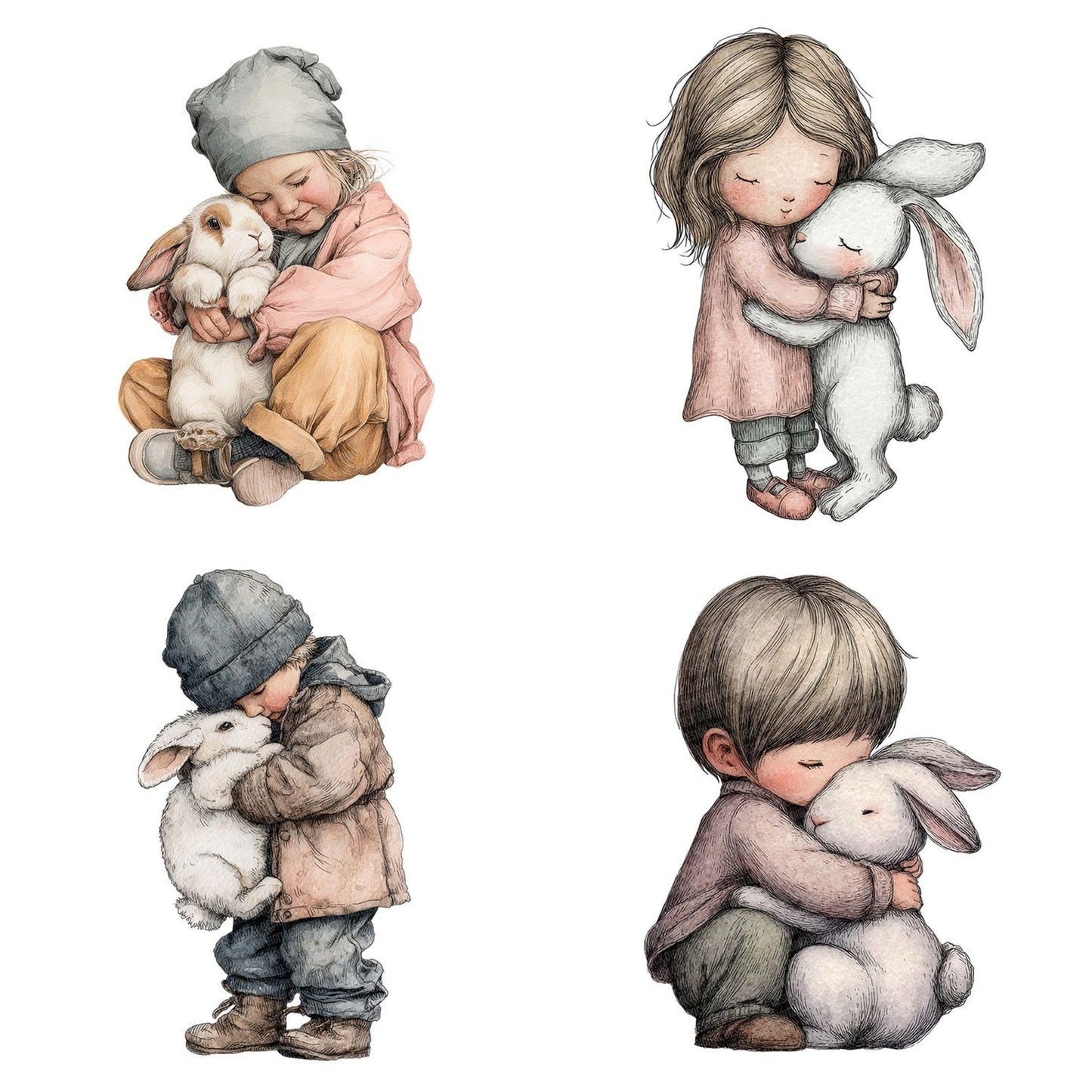 Watercolour Child Hugging Rabbit Clipart Set (DDD007036)