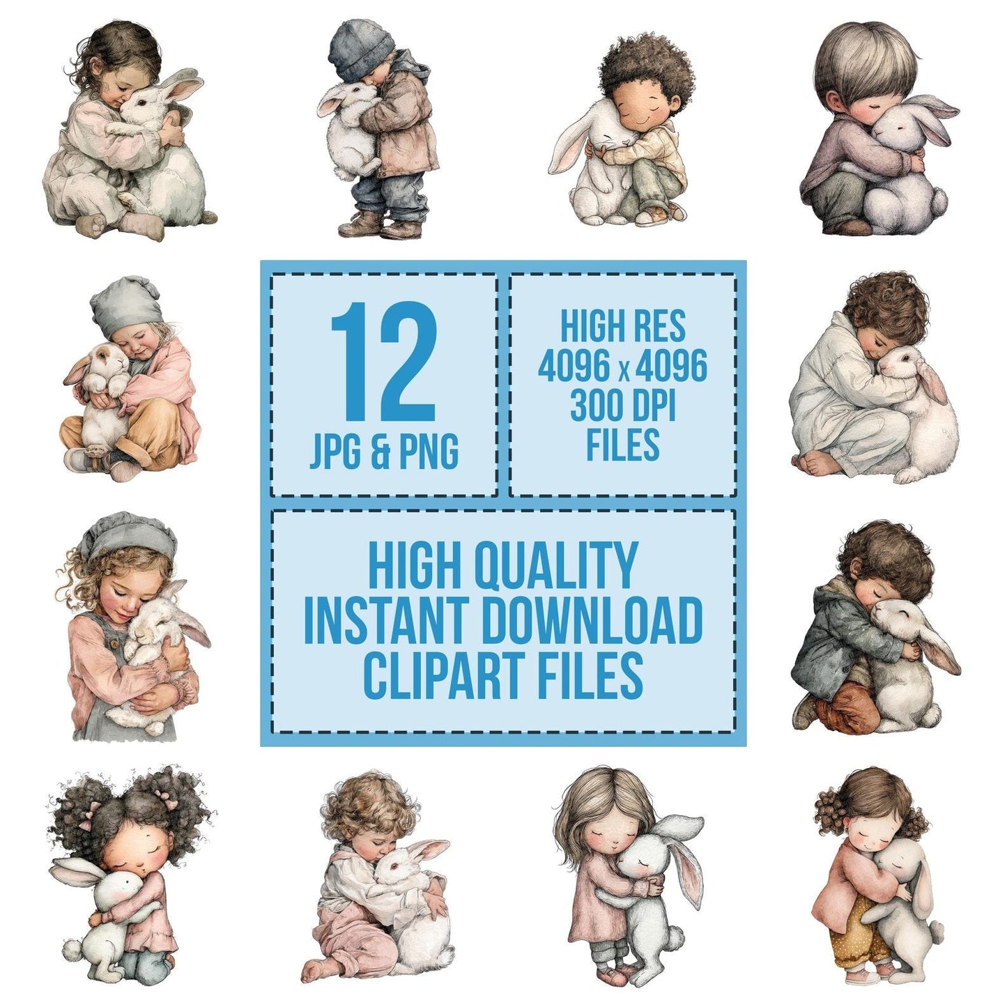 Watercolour Child Hugging Rabbit Clipart Set (DDD007036)