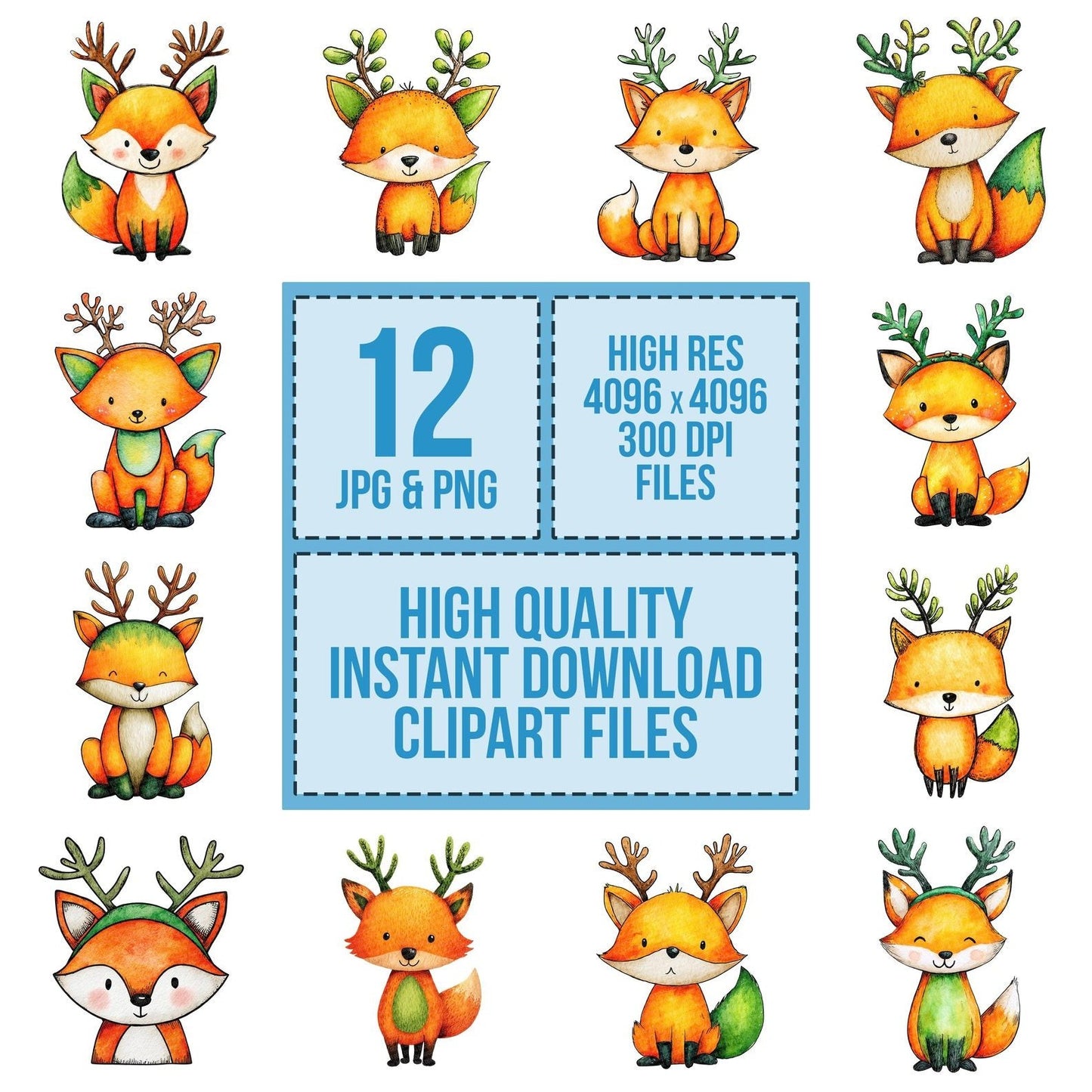 Watercolour Christmas Fox Antlers Clipart Set (DDD007042)