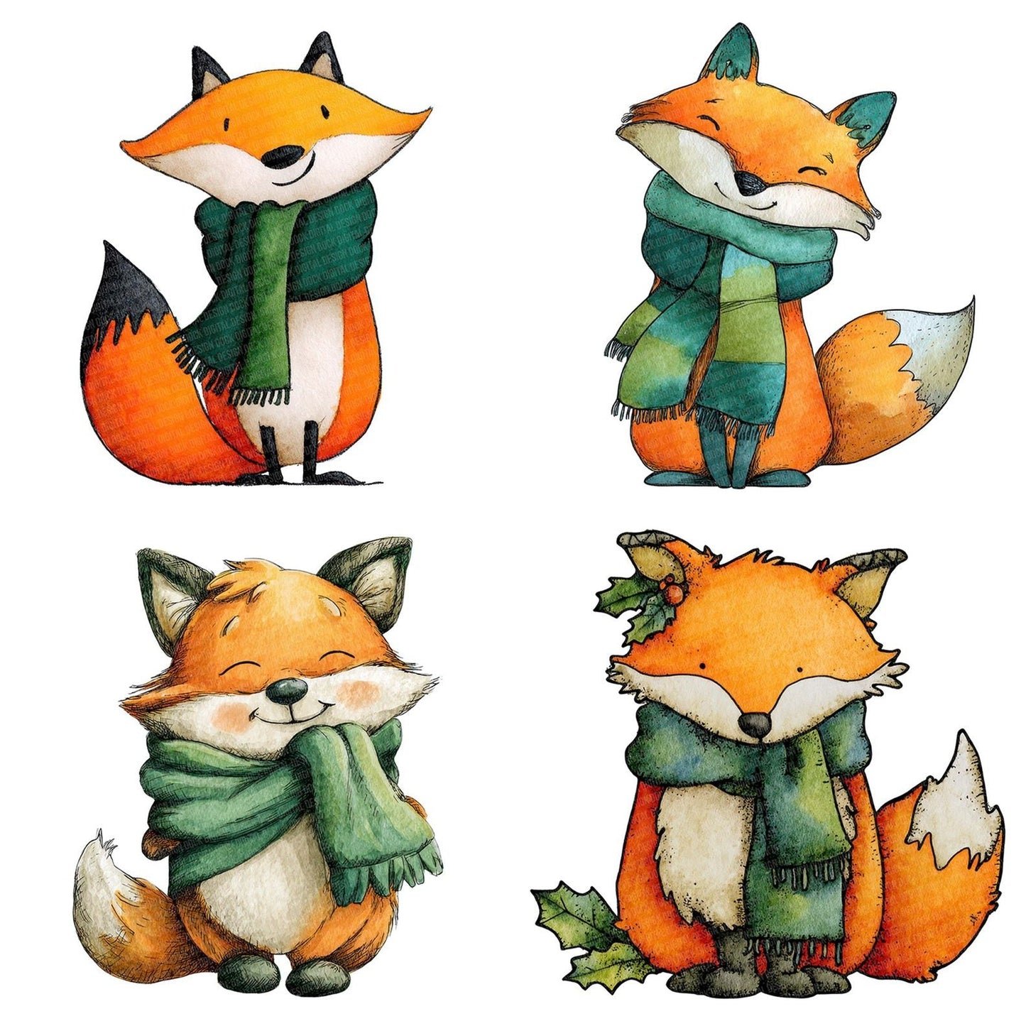 Watercolour Christmas Fox Scarf Clipart Set (DDD007043)
