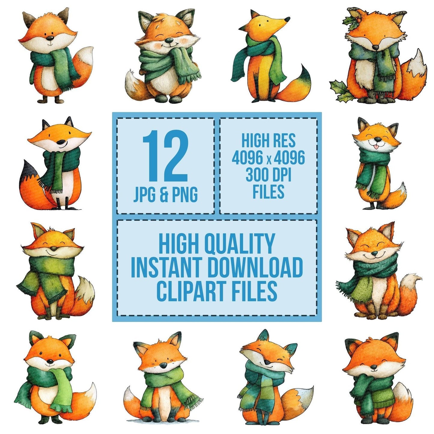 Watercolour Christmas Fox Scarf Clipart Set (DDD007043)