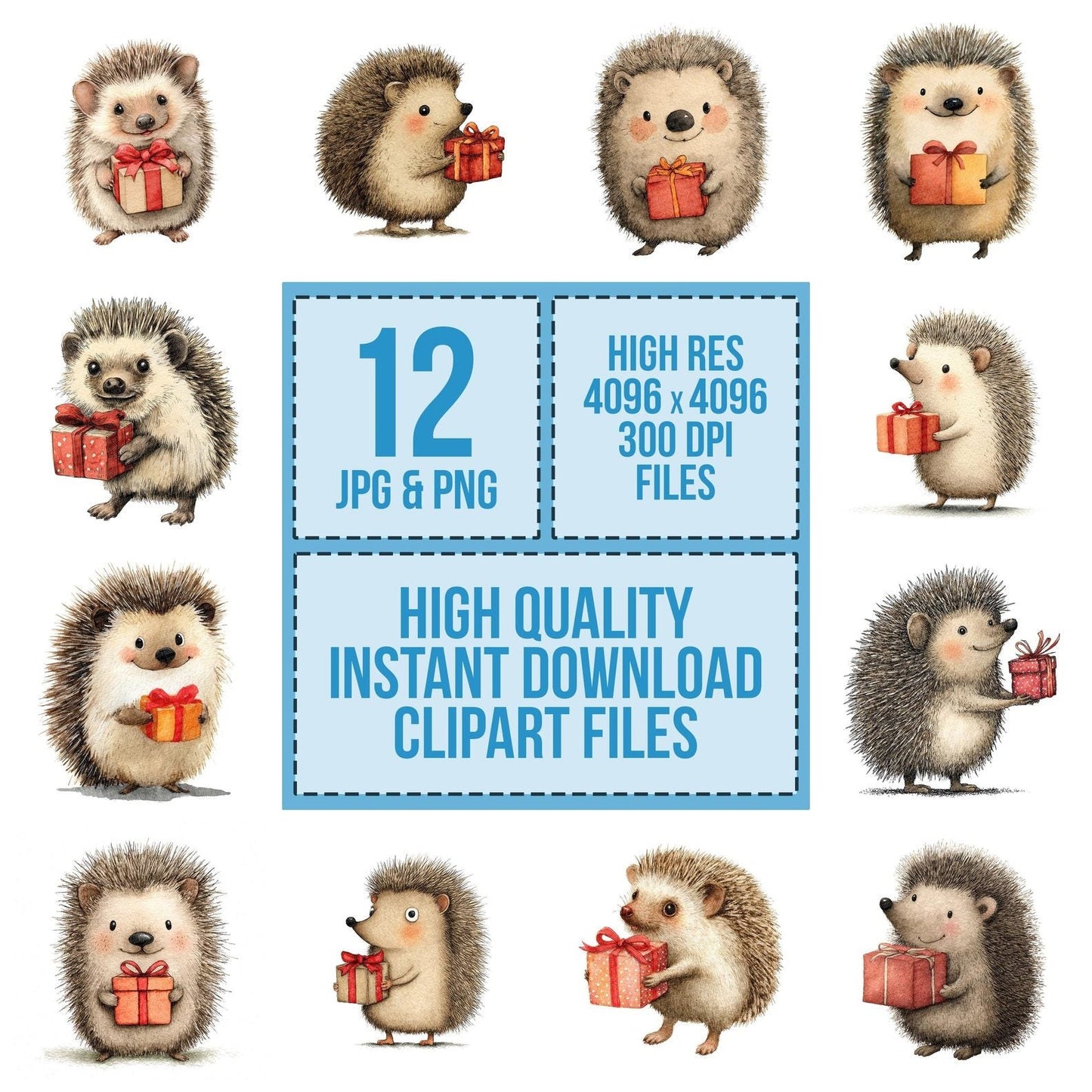 Watercolour Christmas Hedgehog Present Clipart Set (DDD007044)