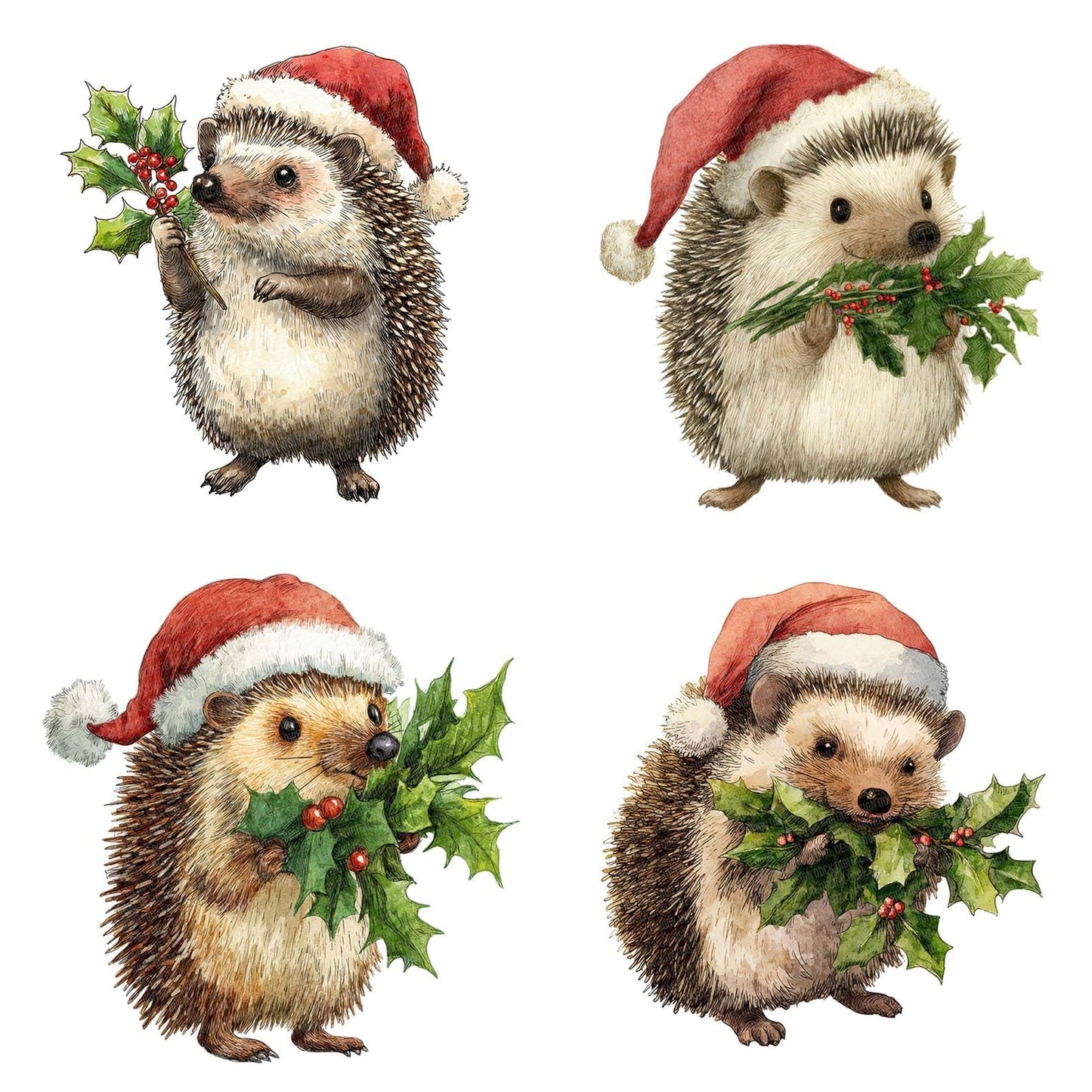Watercolour Christmas Hedgehog with Holly Clipart Set (DDD007045)