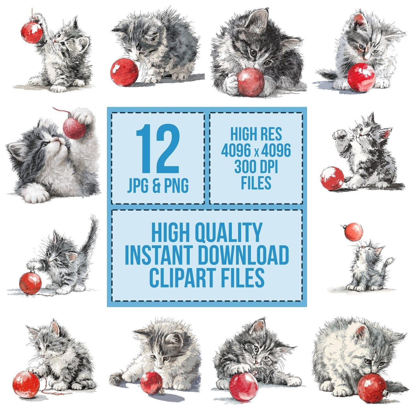 Watercolour Christmas Kitten Bauble Clipart Set (DDD007046)