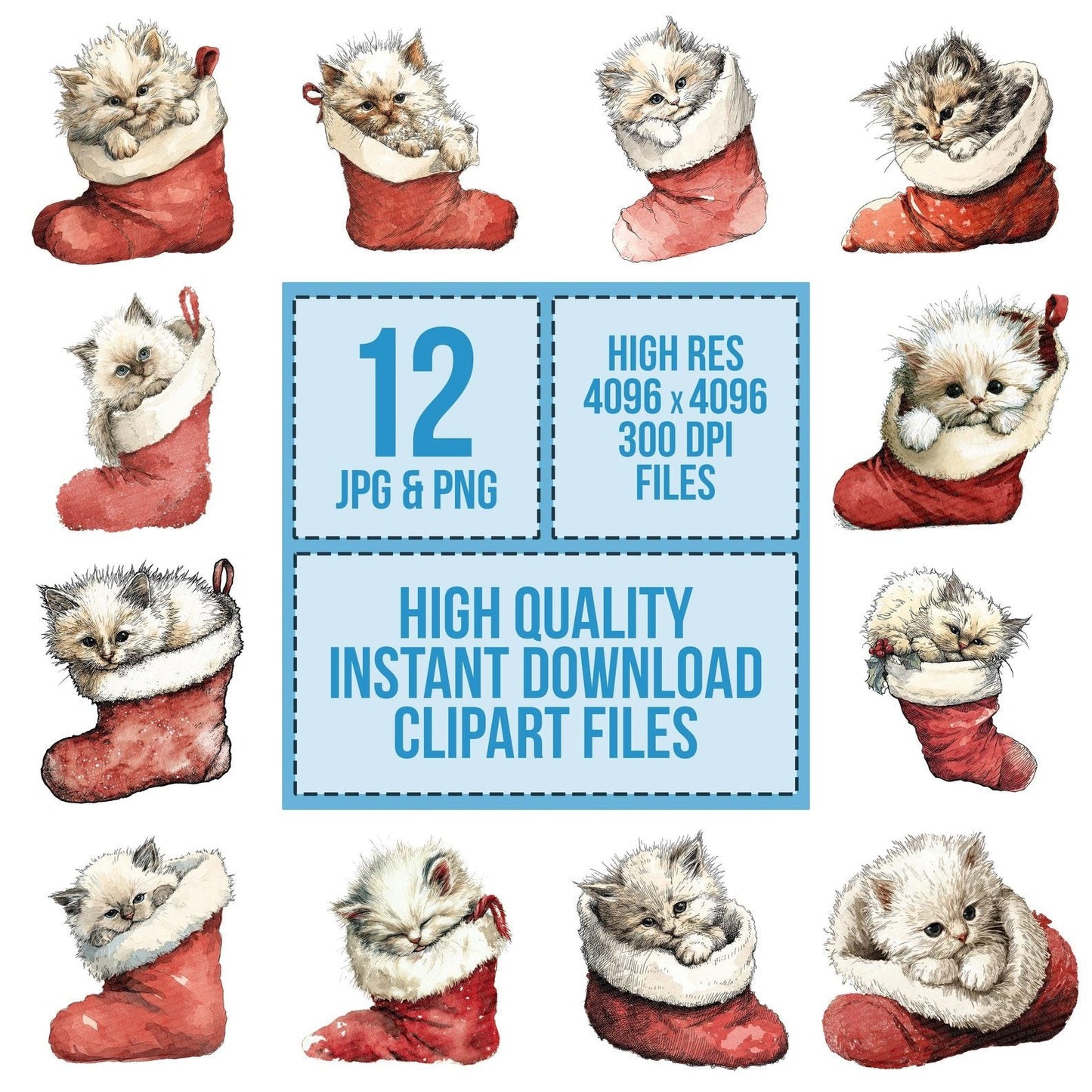Watercolour Christmas Kitten Stocking Clipart Set (DDD007047)