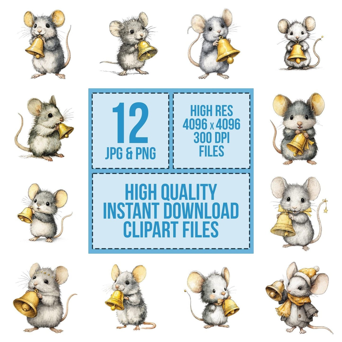 Watercolour Christmas Mouse Bell Clipart Set (DDD007048)