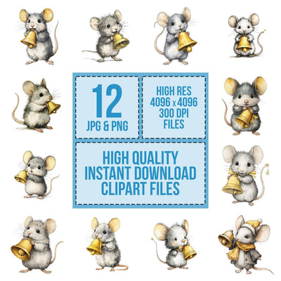 Watercolour Christmas Mouse Bell clipart set cover showing the designs and file details