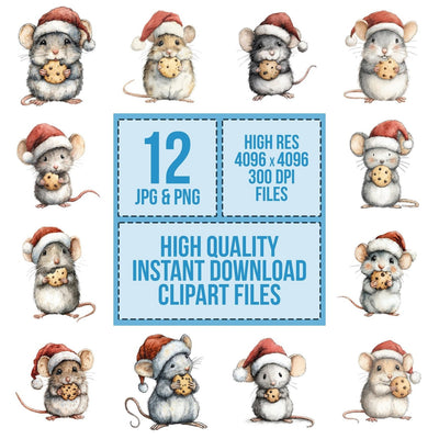 Watercolour Christmas Mouse Cookie clipart set cover showing the designs and file details