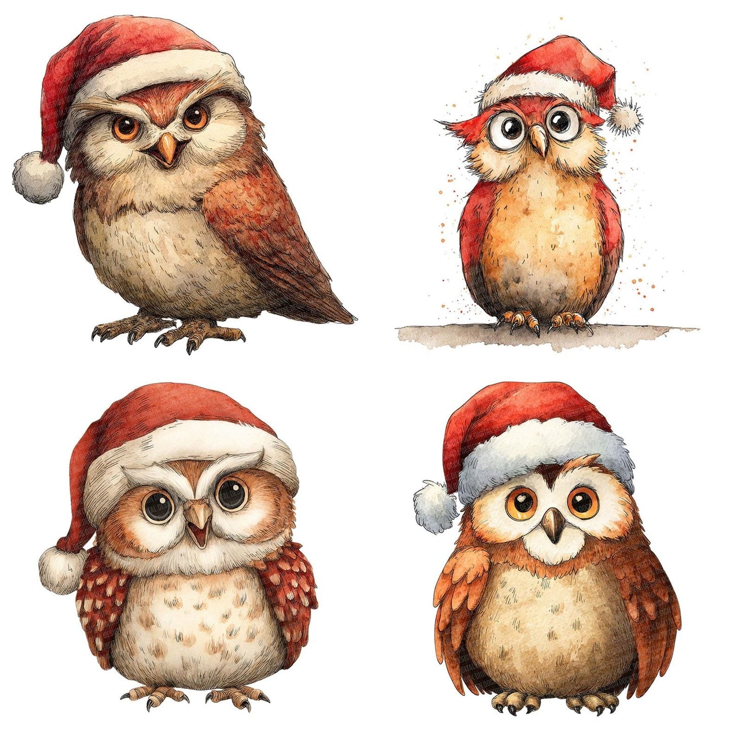 Watercolour Christmas Owl Santa Hat Clipart Set (DDD007050)