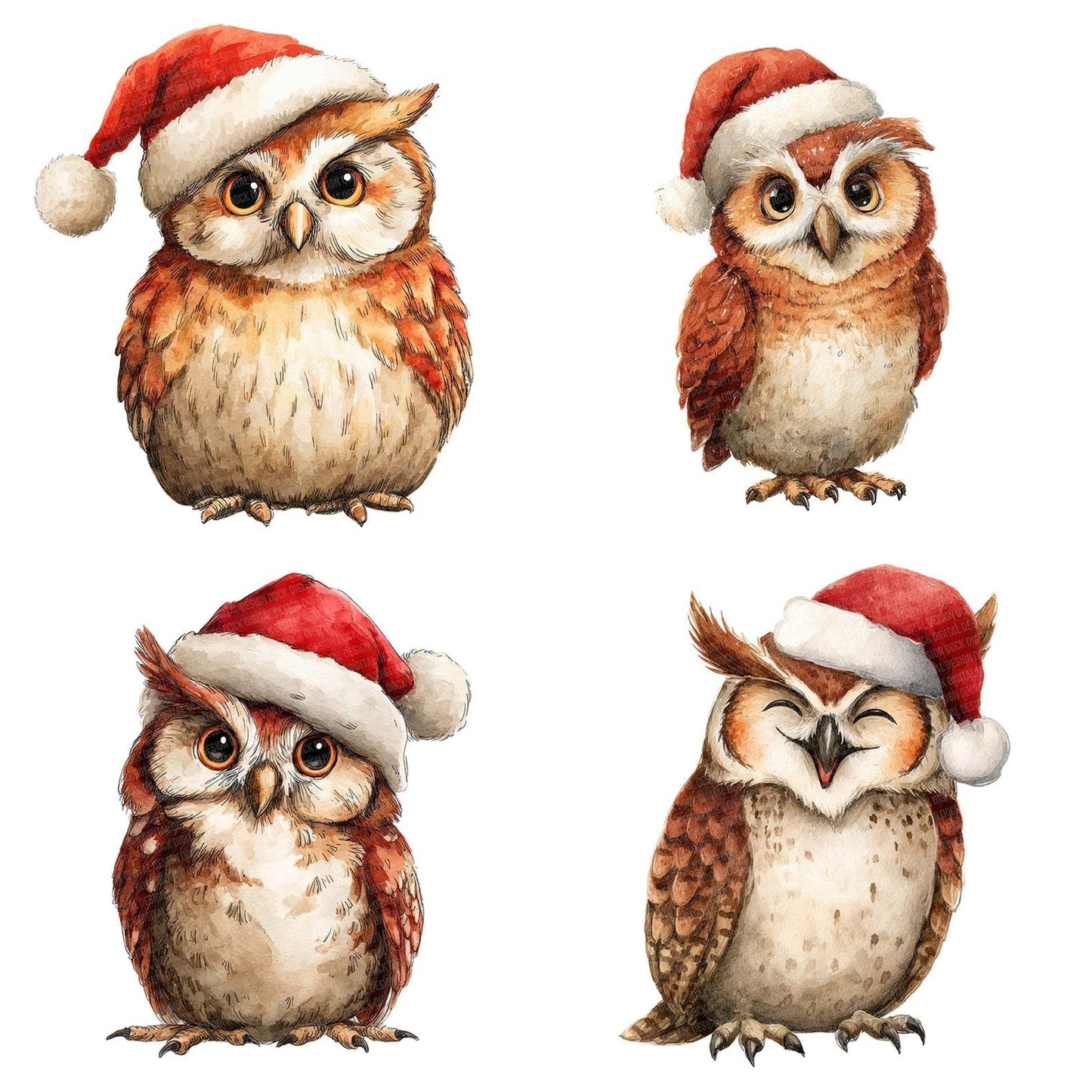 Watercolour Christmas Owl Santa Hat Clipart Set (DDD007050)