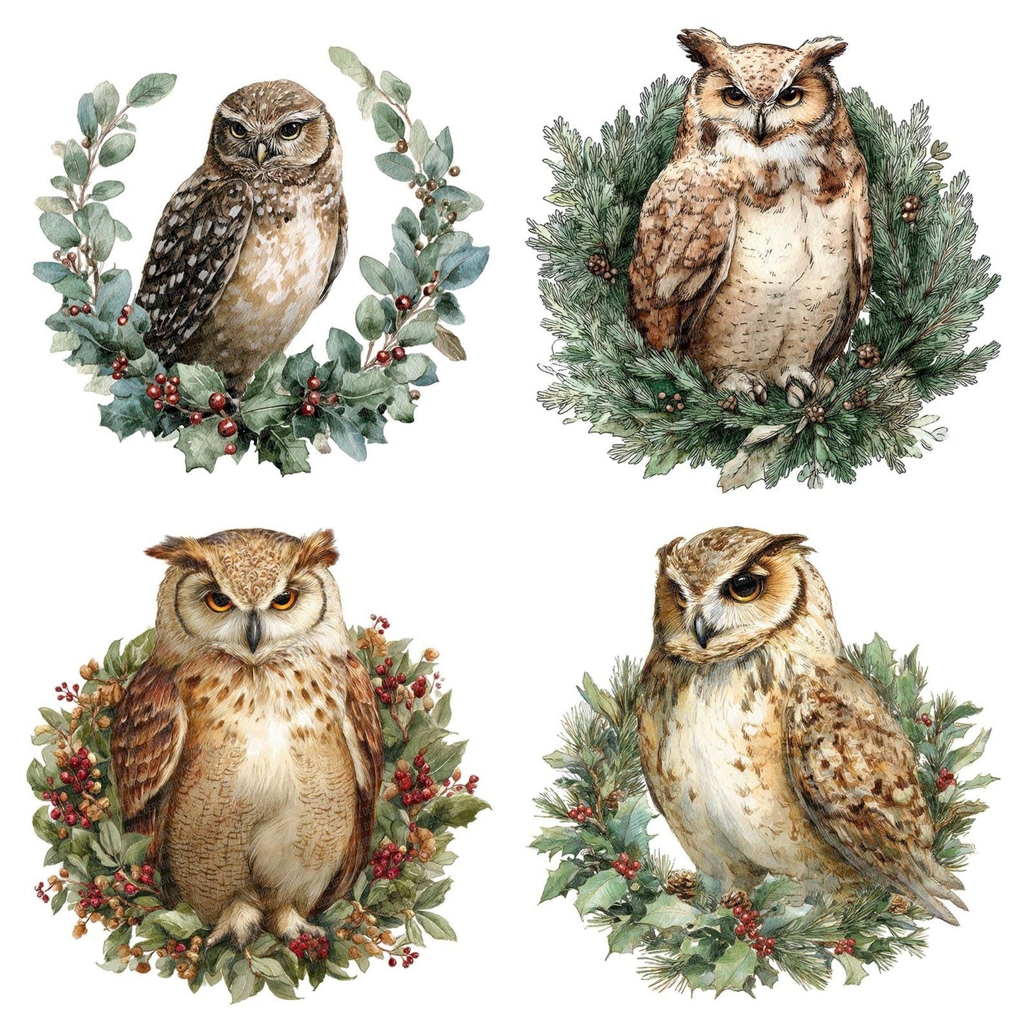 Watercolour Christmas Owl Wreath Clipart Set (DDD007051)