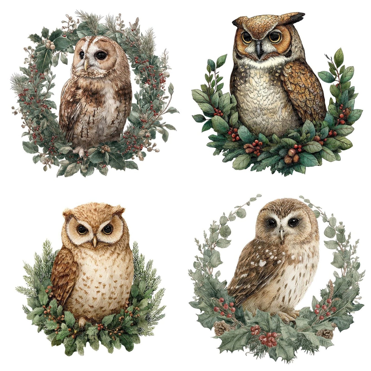 Watercolour Christmas Owl Wreath Clipart Set (DDD007051)