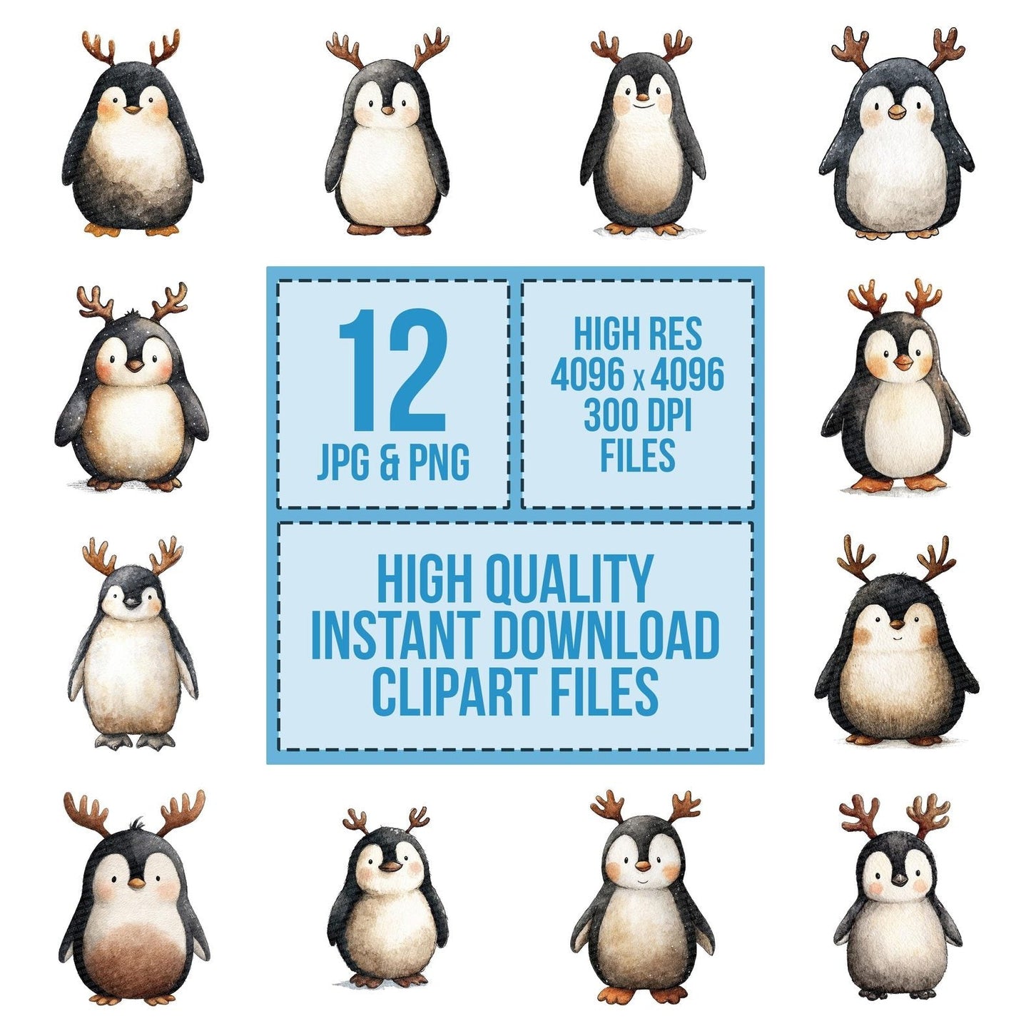 Watercolour Christmas Penguin Antlers Clipart Set (DDD007052)