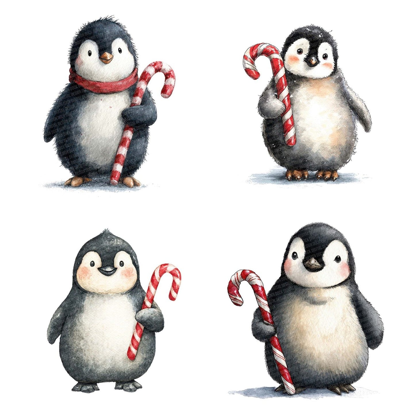 Watercolour Christmas Penguin Candy Cane Clipart Set (DDD007053)