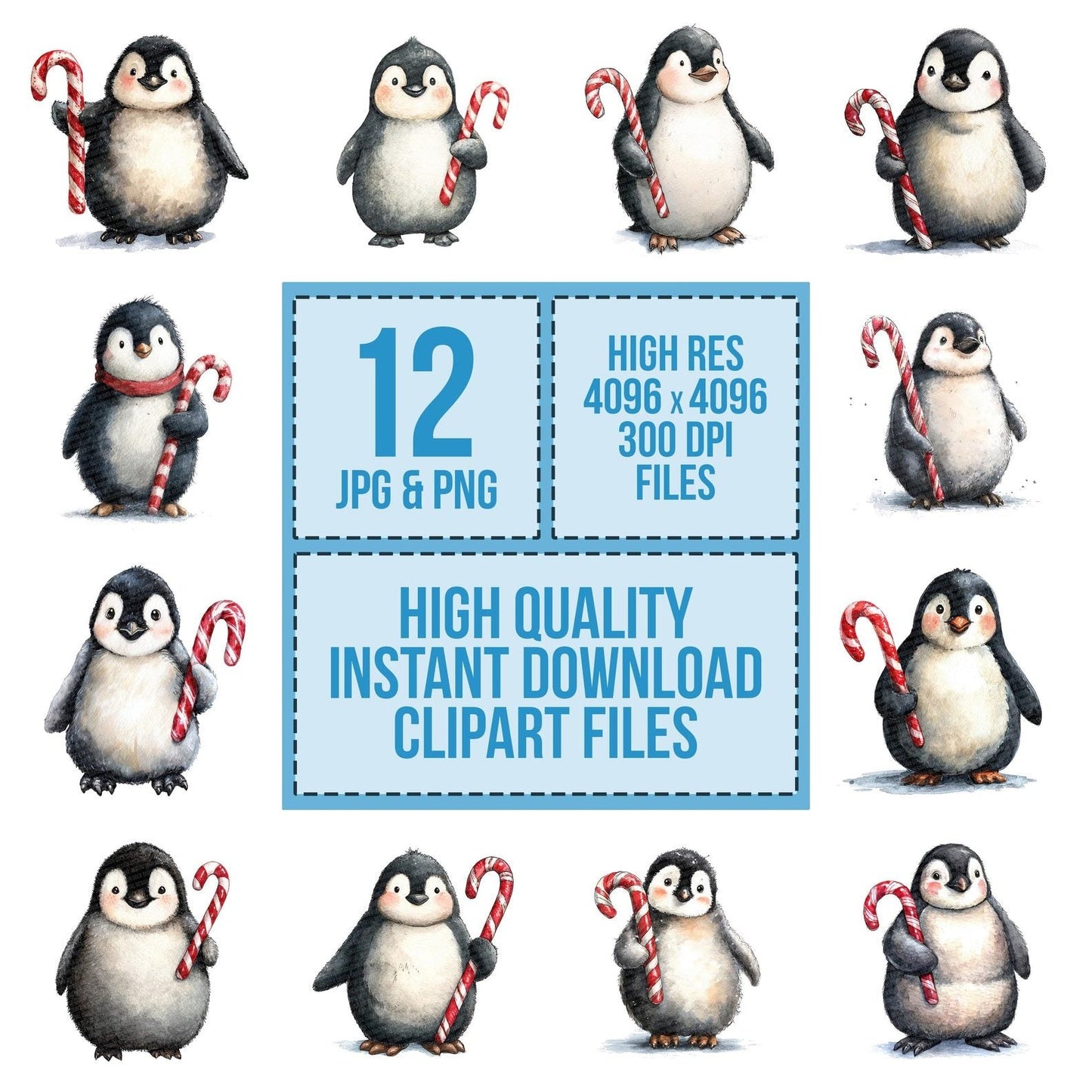 Watercolour Christmas Penguin Candy Cane Clipart Set (DDD007053)