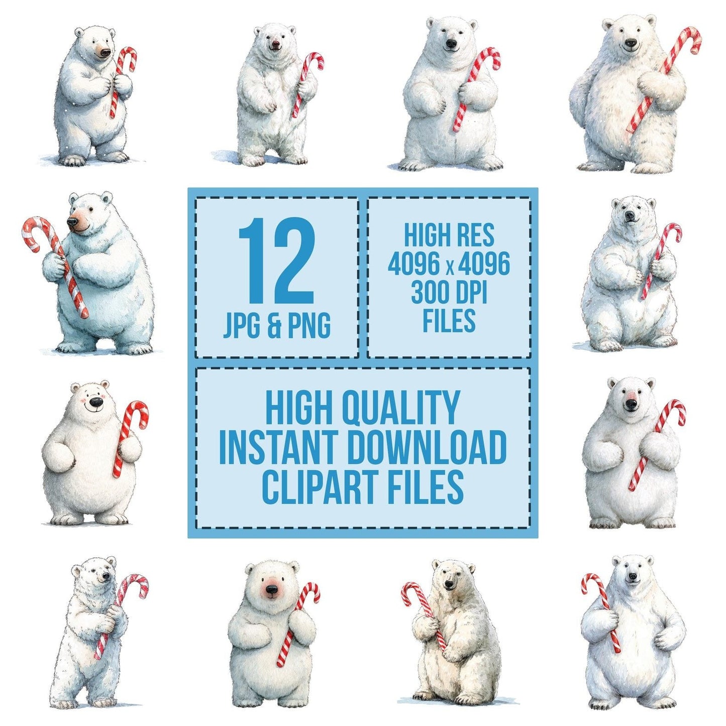 Watercolour Christmas Polar Bear Candy Cane Clipart Set (DDD007055)