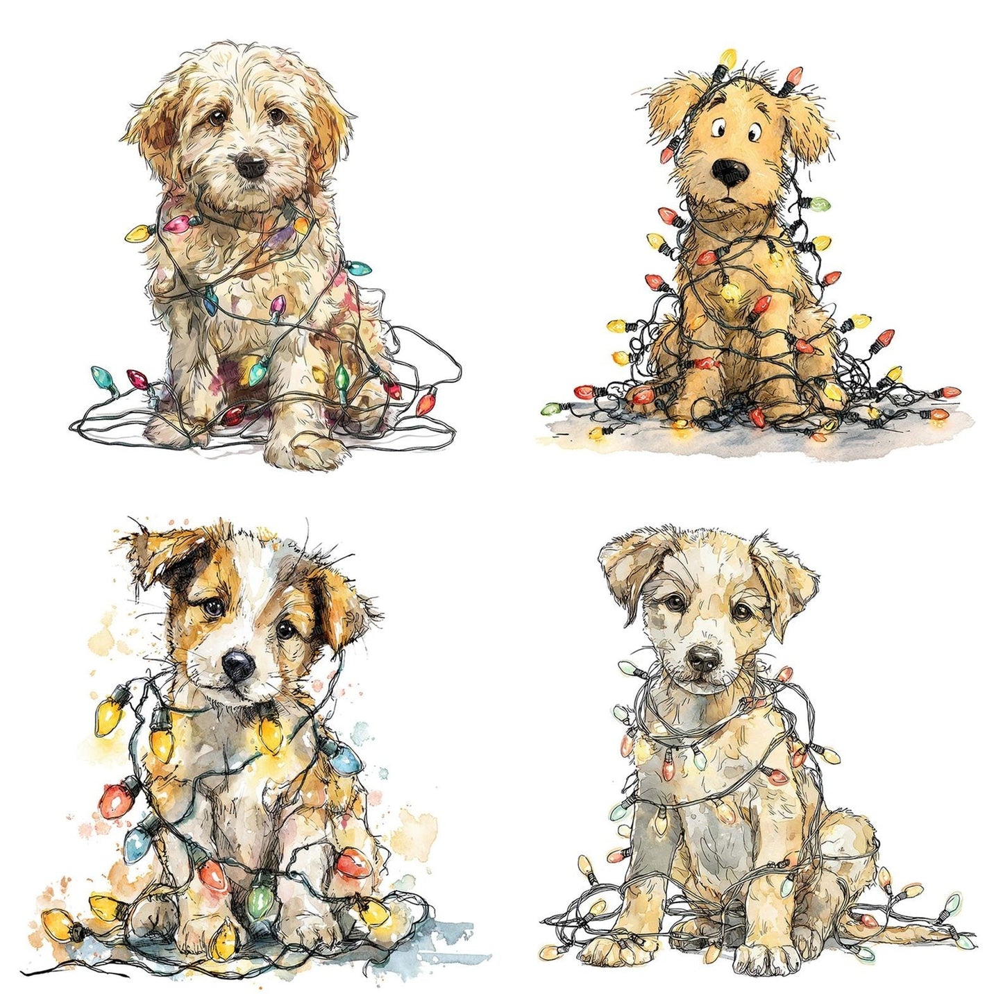 Watercolour Christmas Puppy Lights Clipart Set (DDD007057)
