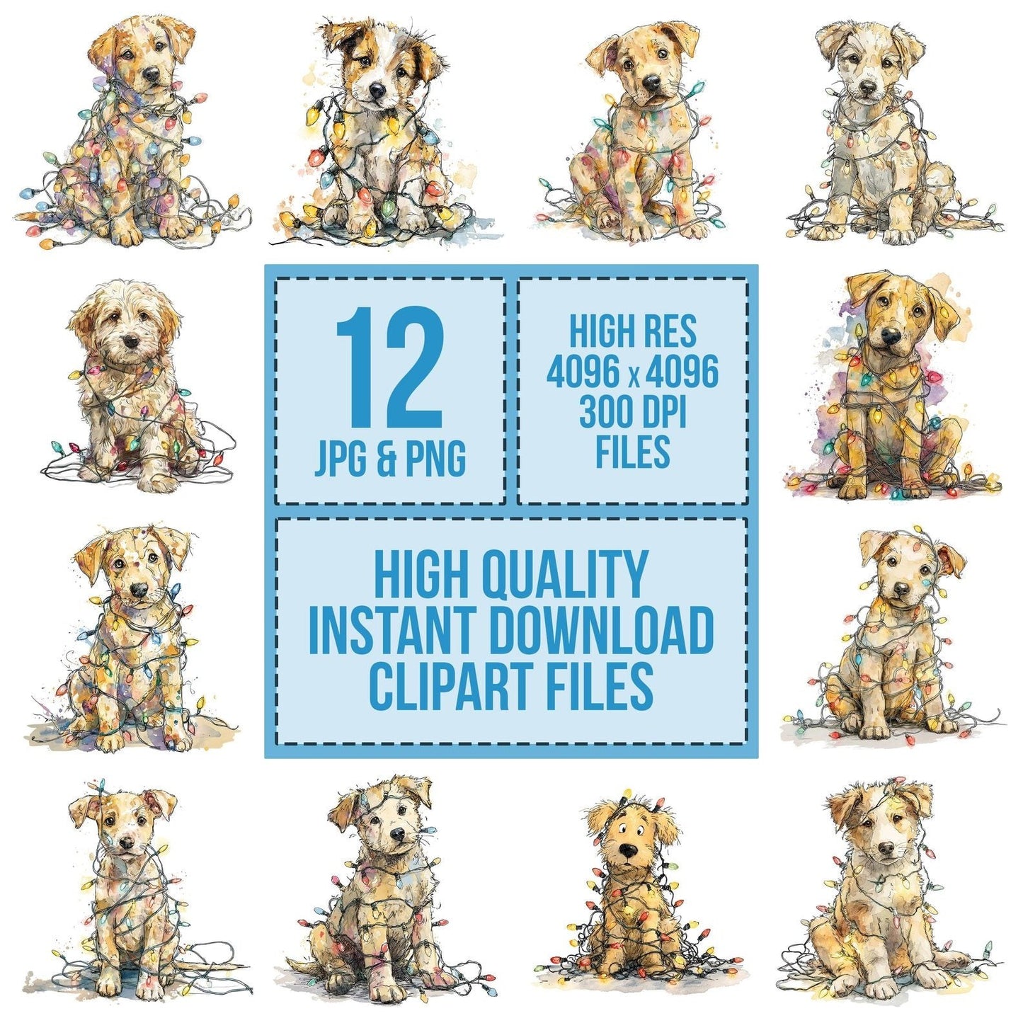 Watercolour Christmas Puppy Lights Clipart Set (DDD007057)