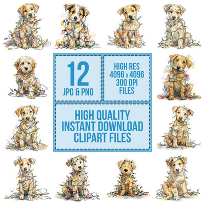 Watercolour Christmas Puppy Lights Clipart Set (DDD007057)